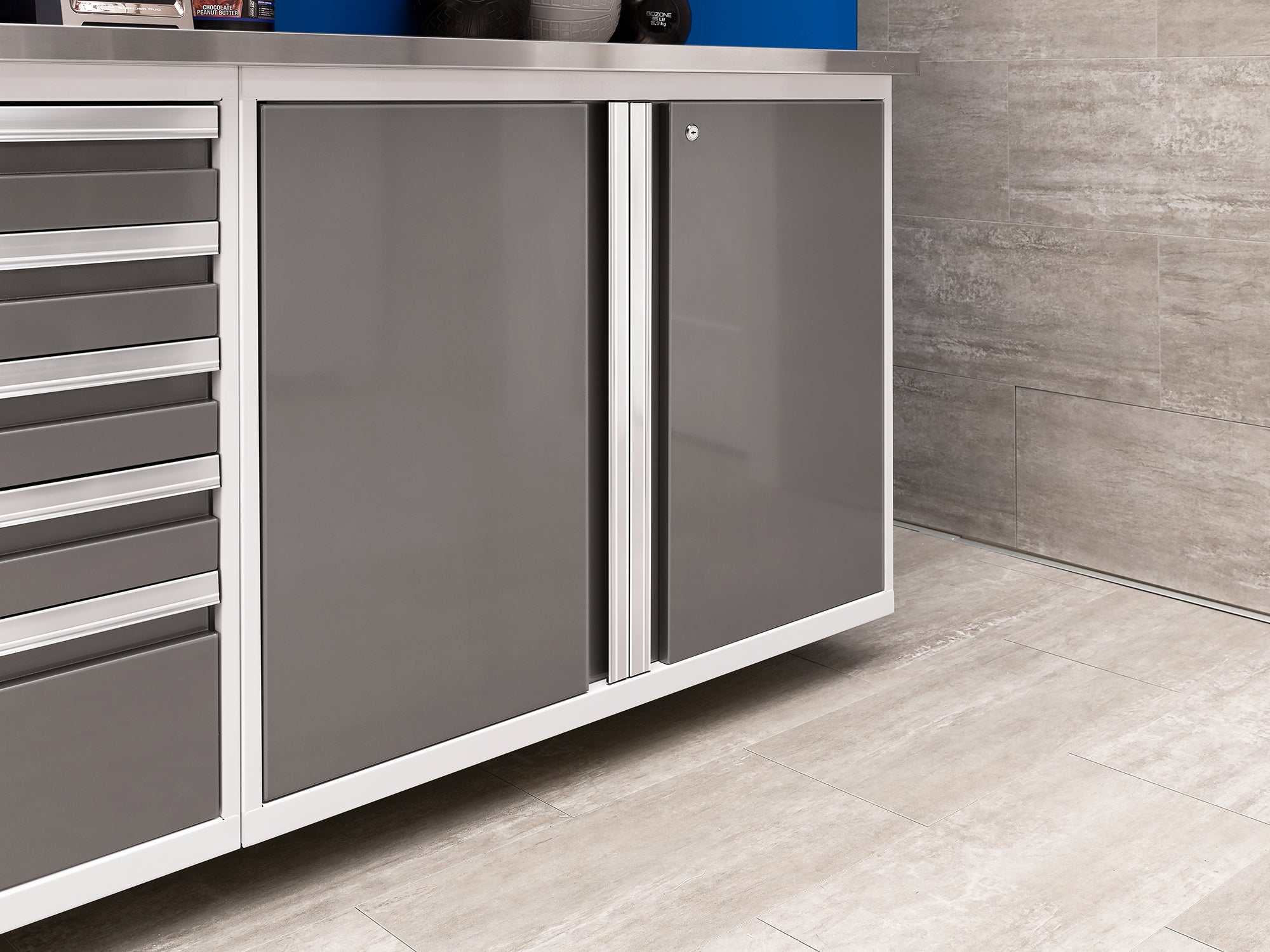 Pro Series 9 Piece Cabinet Set with Wall, Base, Tool Drawer Cabinet, 56 in. Integrated Shelf and 112 in. Worktop