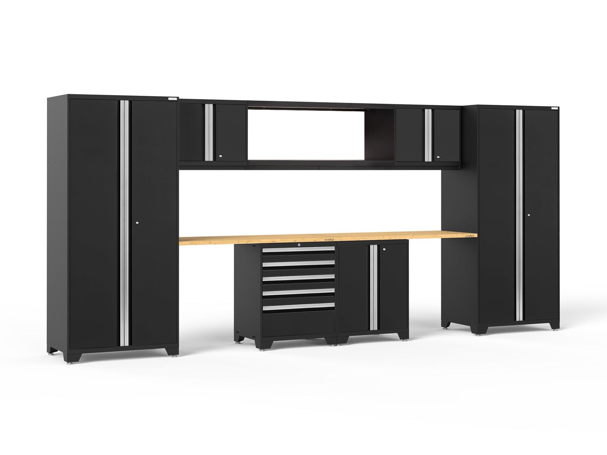 Pro Series 9 Piece Cabinet Set with Wall, Base, Tool Drawer Cabinet, 56 in. Integrated Shelf and 112 in. Worktop