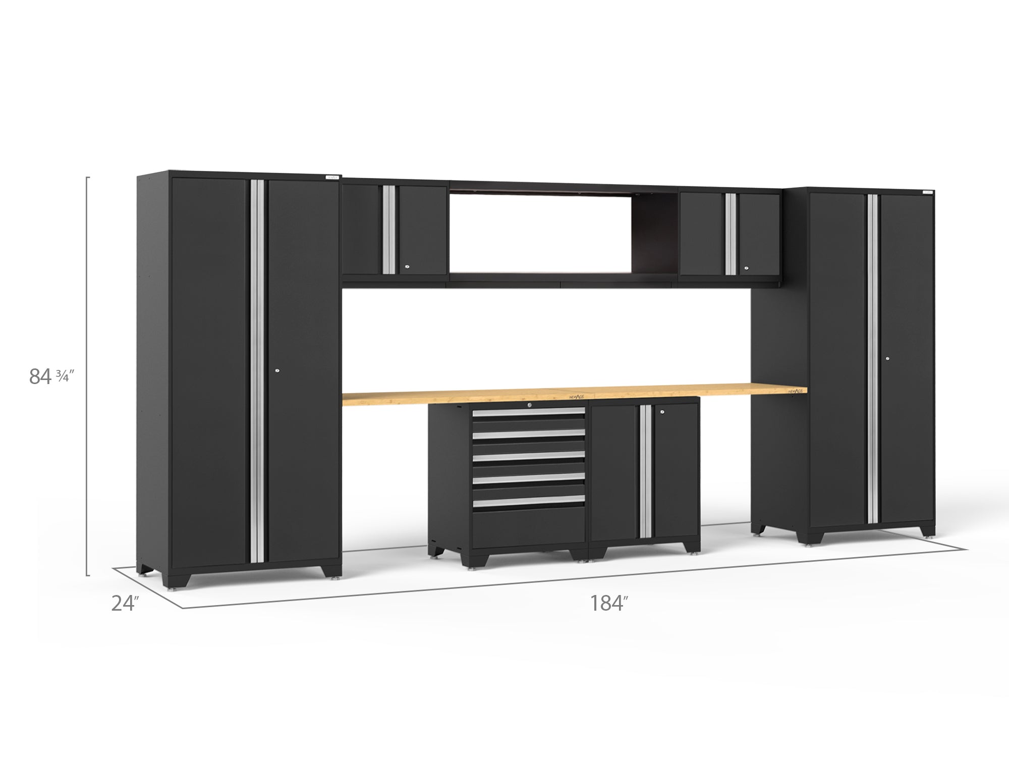 Pro Series 9 Piece Cabinet Set with Wall, Base, Tool Drawer Cabinet, 56 in. Integrated Shelf and 112 in. Worktop