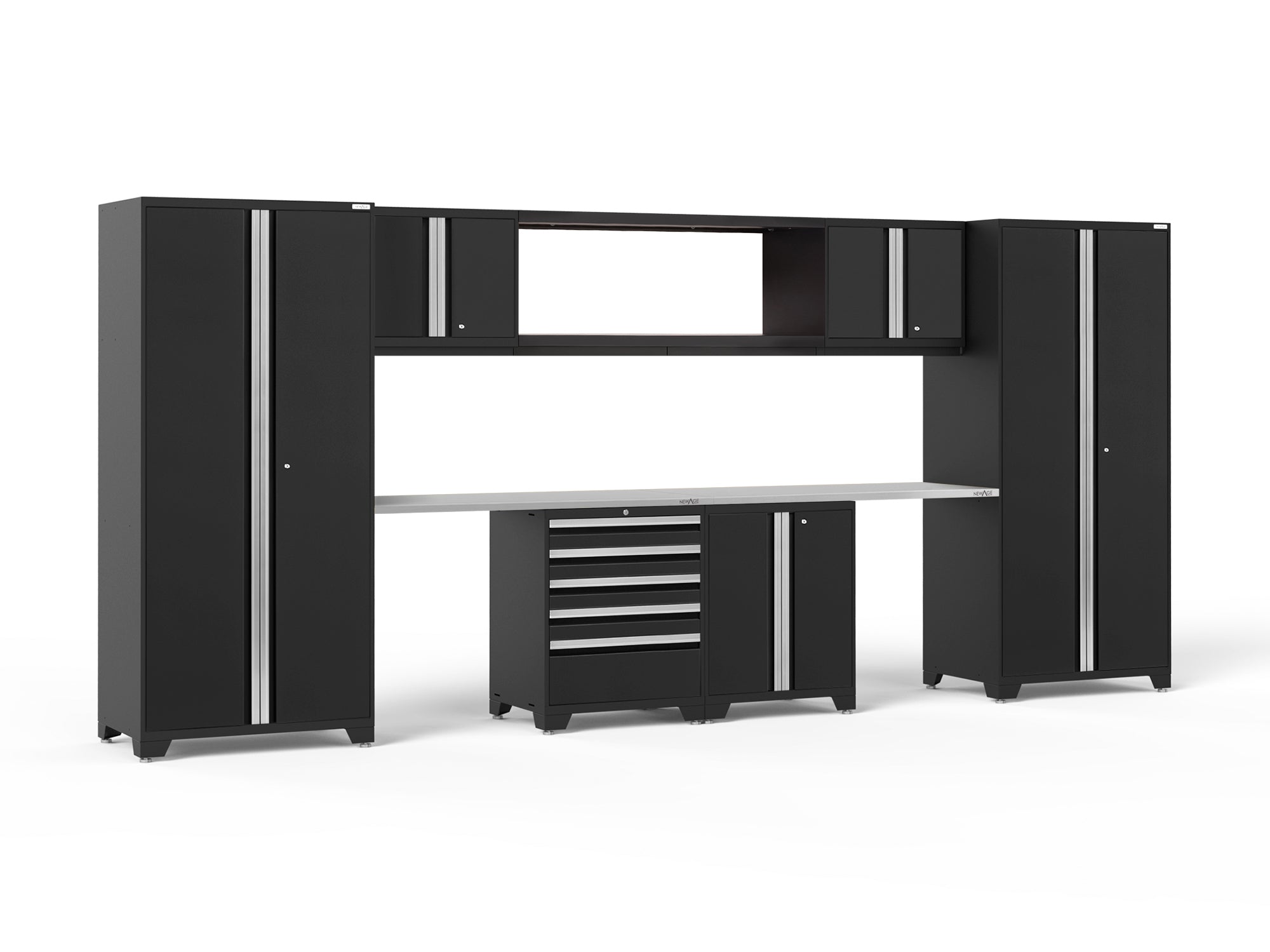 Pro Series 9 Piece Cabinet Set with Wall, Base, Tool Drawer Cabinet, 56 in. Integrated Shelf and 112 in. Worktop