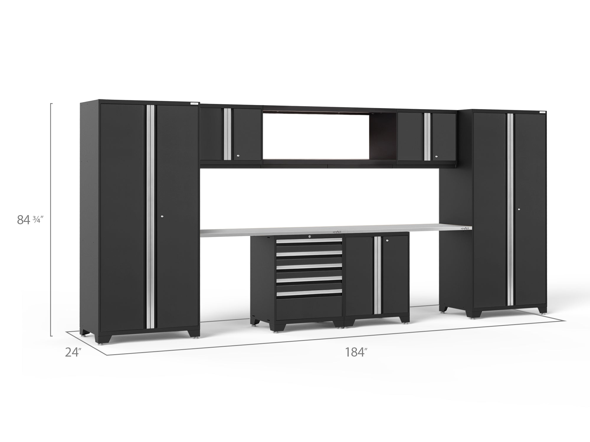 Pro Series 9 Piece Cabinet Set with Wall, Base, Tool Drawer Cabinet, 56 in. Integrated Shelf and 112 in. Worktop
