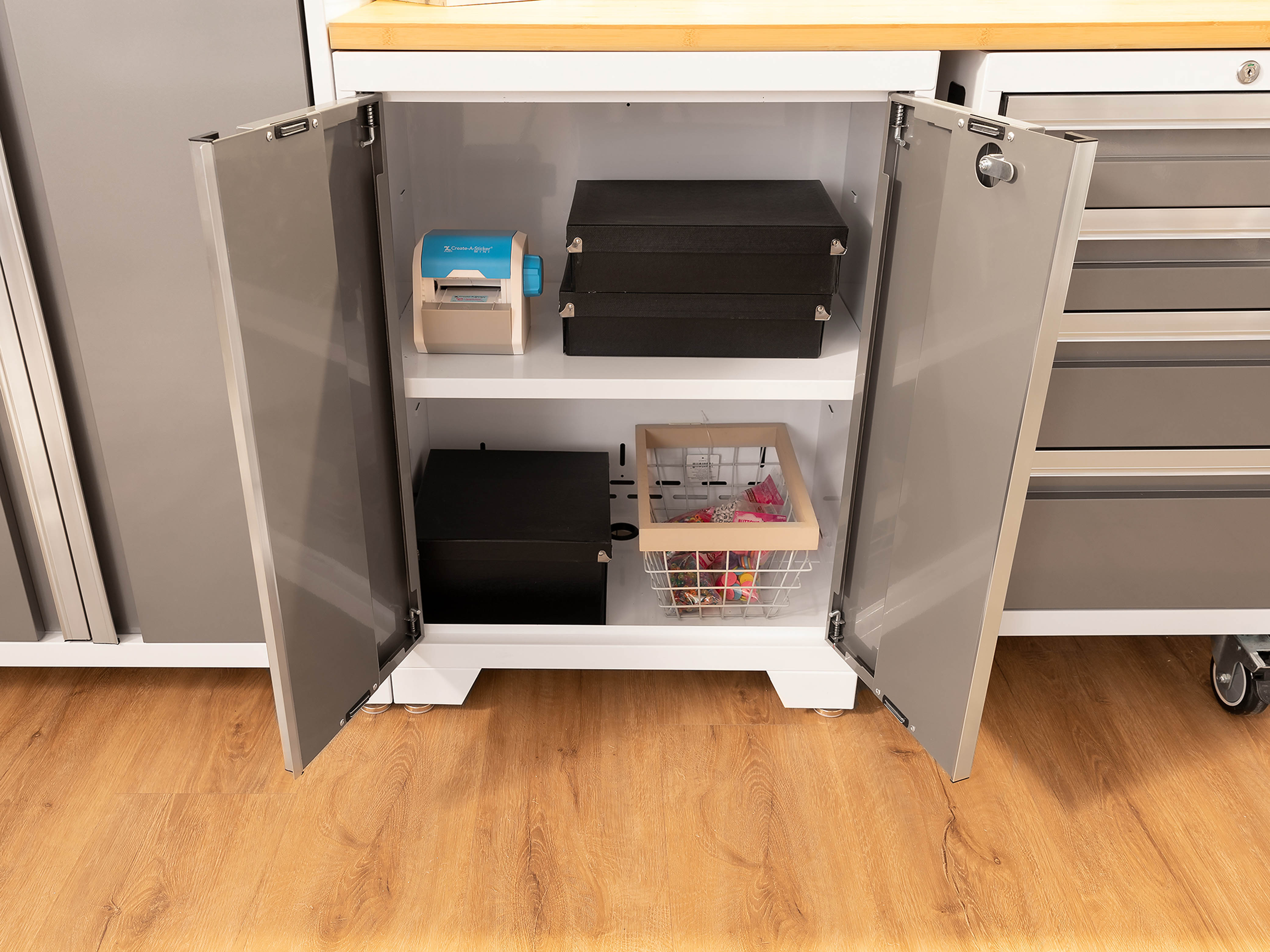 Bold Series 5 Piece Cabinet Set with Multi-use Locker, Base & Wall Cabinet, and Worktop