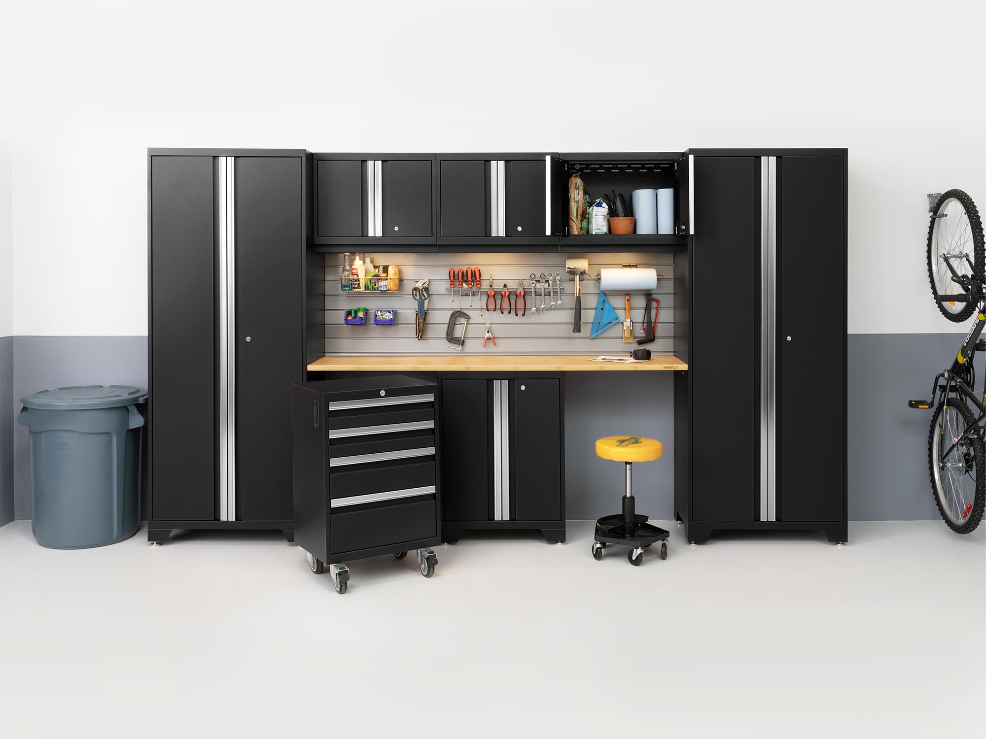 Bold Series 5 Piece Cabinet Set with Multi-use Locker, Base & Wall Cabinet, and Worktop