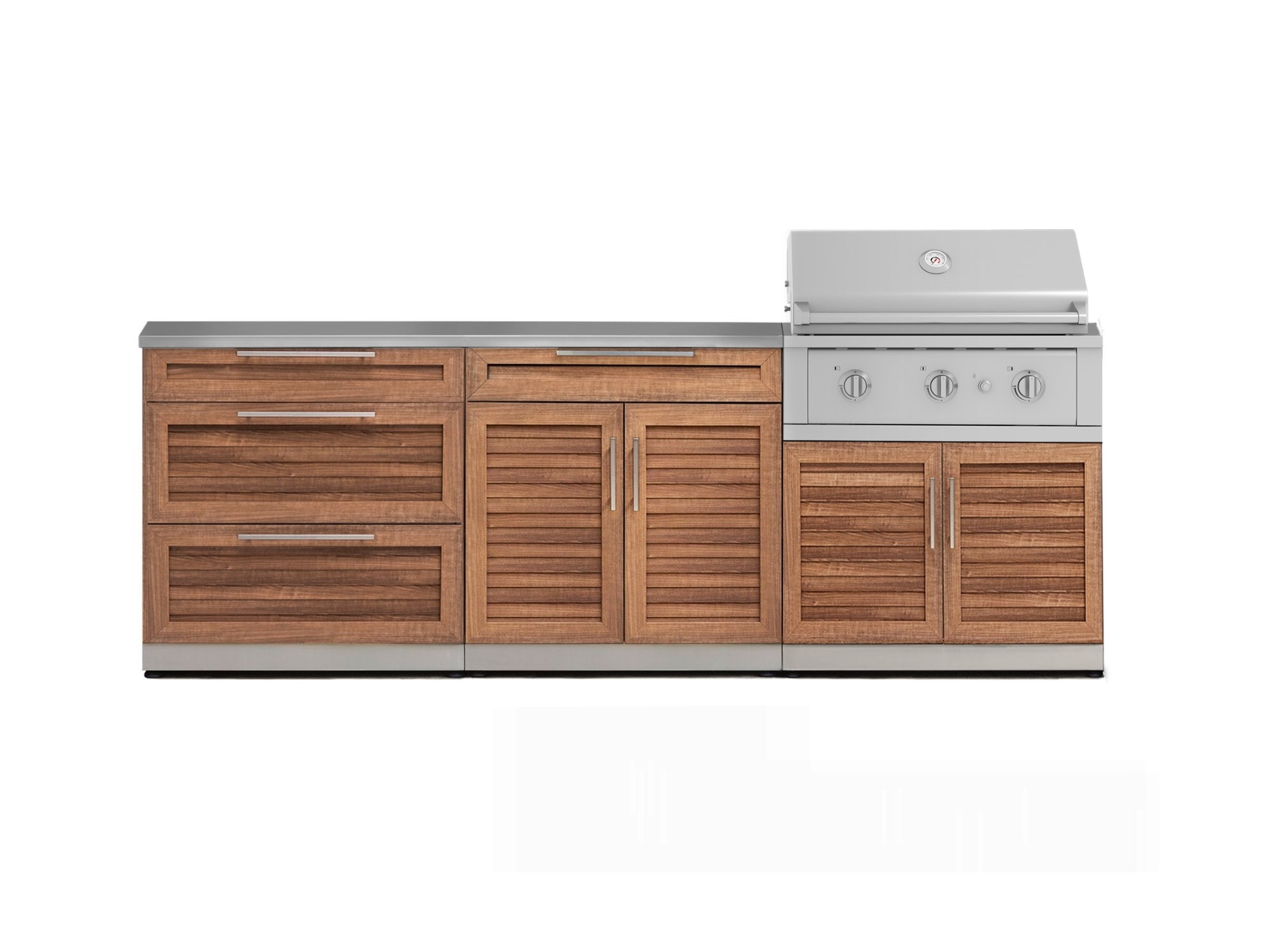 Outdoor Kitchen Stainless-Steel Louvered Doors 5 Piece Cabinet Set with 3-Drawer, Bar, Grill Cabinet, Performance Grill and Countertop