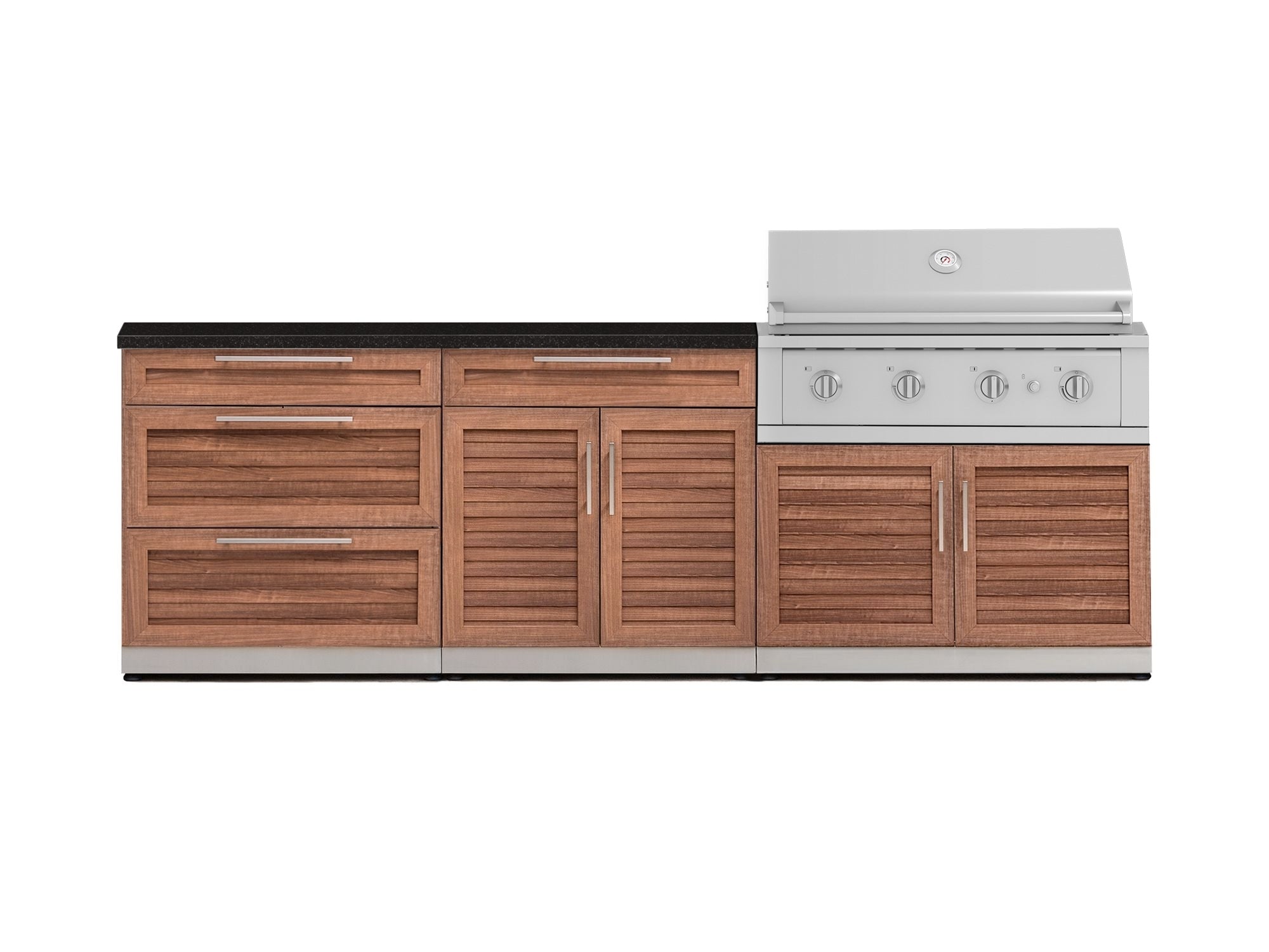 Outdoor Kitchen Stainless-Steel Louvered Doors 5 Piece Cabinet Set with 3-Drawer, Bar, Grill Cabinet, Performance Grill and Countertop