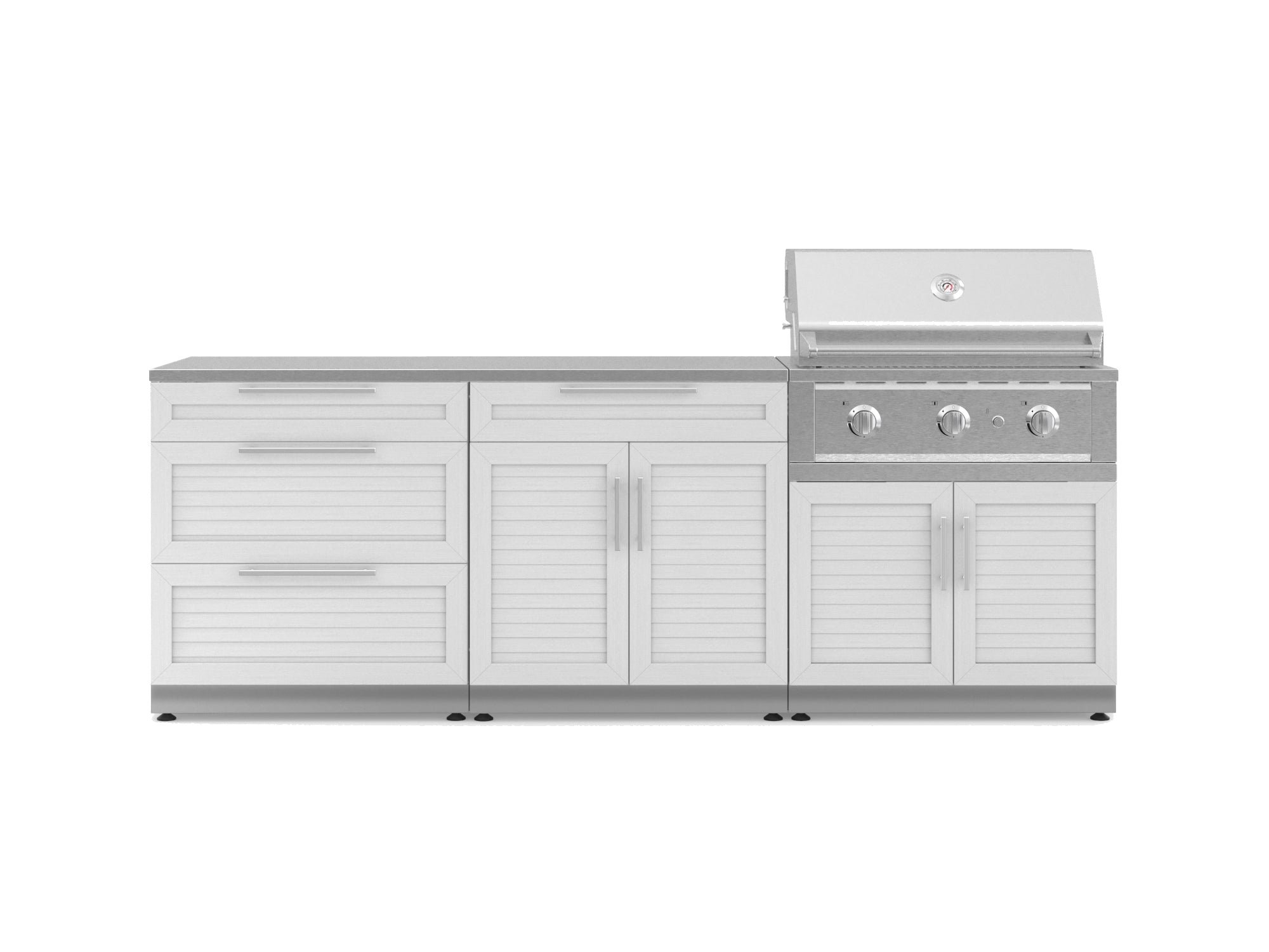 Outdoor Kitchen Stainless-Steel Louvered Doors 5 Piece Cabinet Set with 3-Drawer, Bar, Grill Cabinet, Performance Grill and Countertop