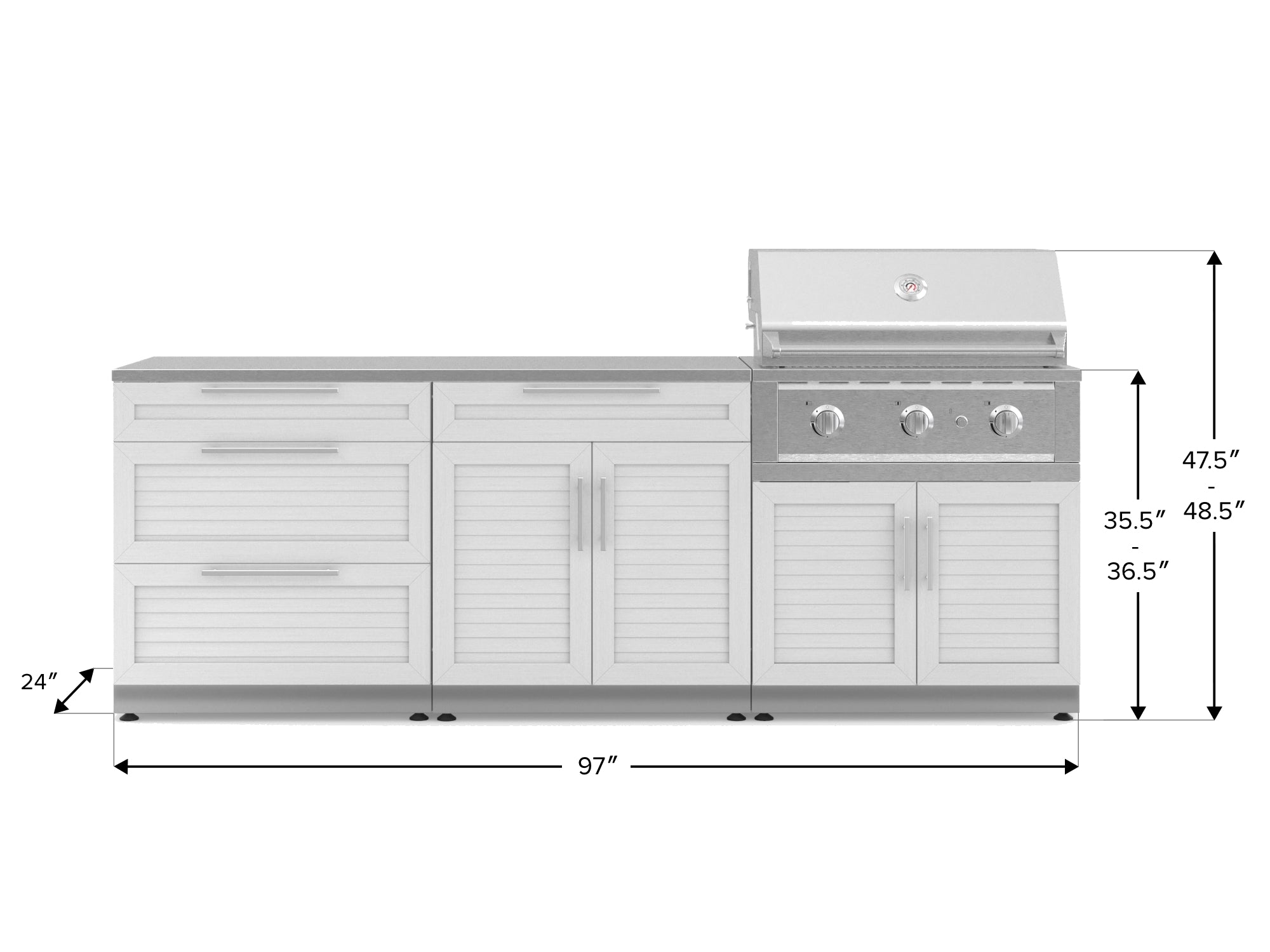 Outdoor Kitchen Stainless-Steel Louvered Doors 5 Piece Cabinet Set with 3-Drawer, Bar, Grill Cabinet, Performance Grill and Countertop