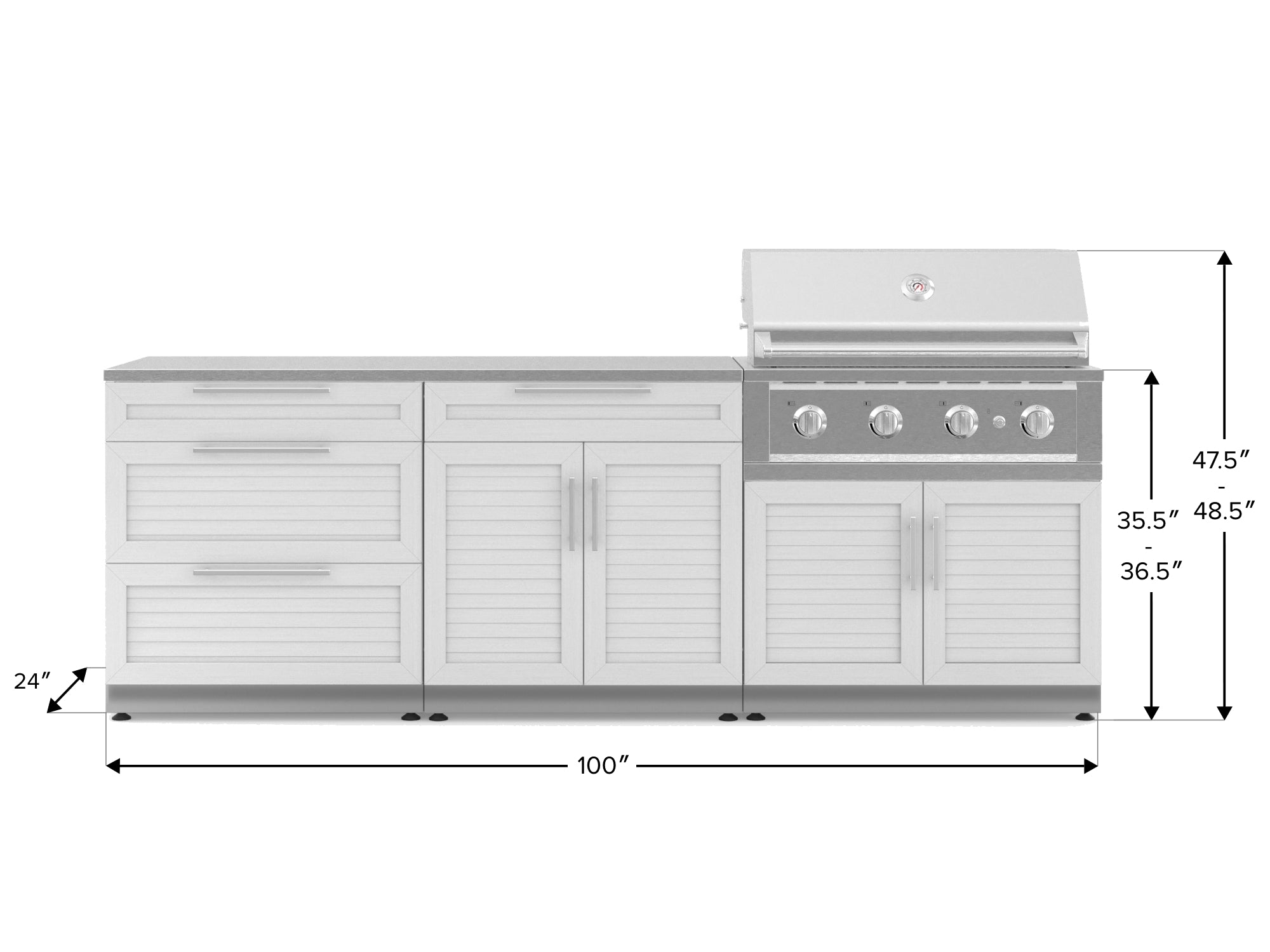 Outdoor Kitchen Stainless-Steel Louvered Doors 5 Piece Cabinet Set with 3-Drawer, Bar, Grill Cabinet, Performance Grill and Countertop