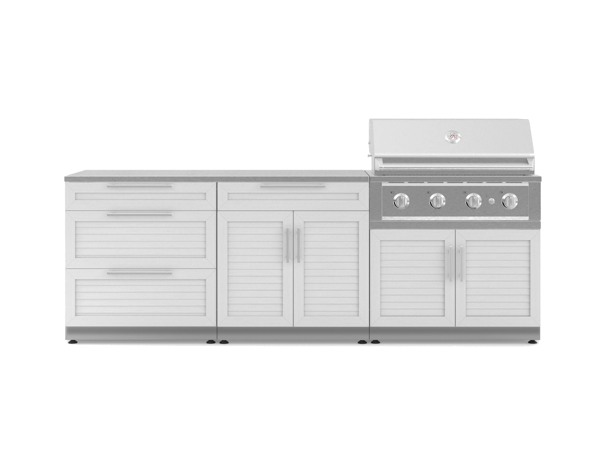 Outdoor Kitchen Stainless-Steel Louvered Doors 5 Piece Cabinet Set with 3-Drawer, Bar, Grill Cabinet, Performance Grill and Countertop