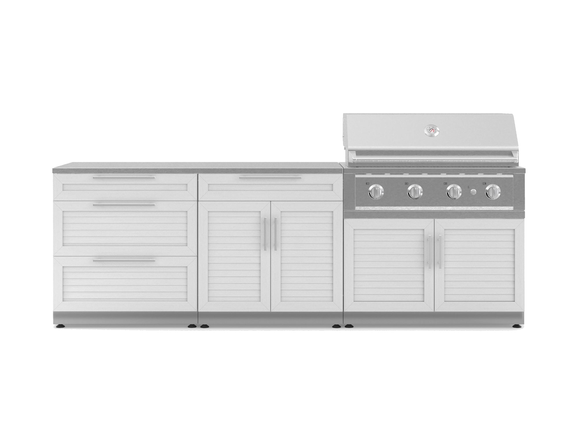 Outdoor Kitchen Stainless-Steel Louvered Doors 5 Piece Cabinet Set with 3-Drawer, Bar, Grill Cabinet, Performance Grill and Countertop