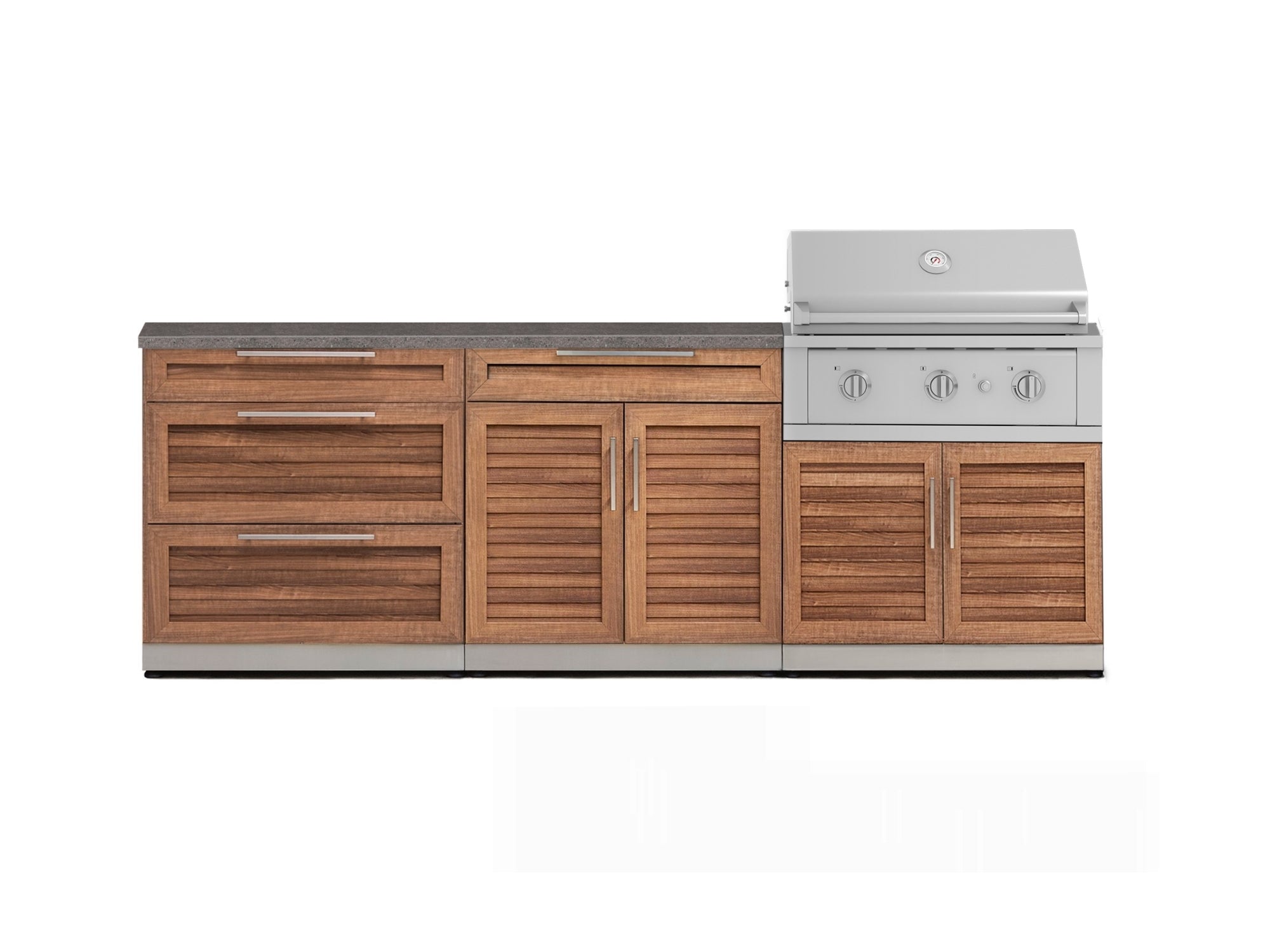 Outdoor Kitchen Stainless-Steel Louvered Doors 5 Piece Cabinet Set with 3-Drawer, Bar, Grill Cabinet, Performance Grill and Countertop