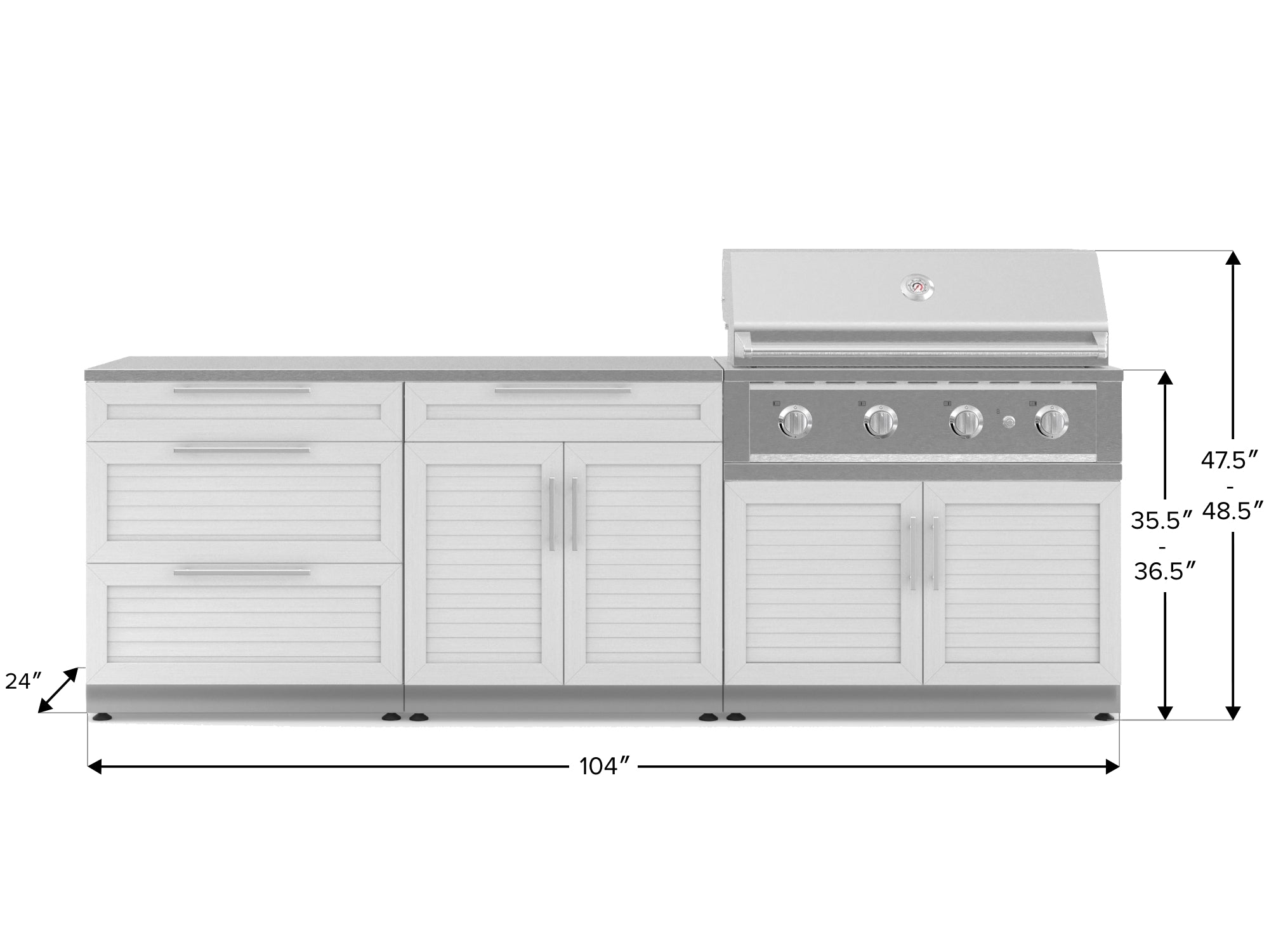 Outdoor Kitchen Stainless-Steel Louvered Doors 5 Piece Cabinet Set with 3-Drawer, Bar, Grill Cabinet, Performance Grill and Countertop