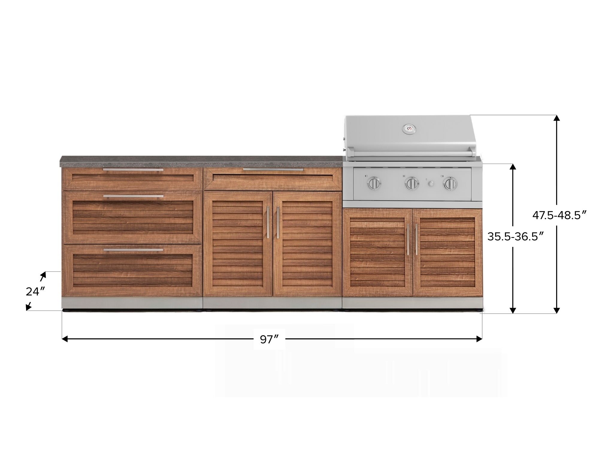 Outdoor Kitchen Stainless-Steel Louvered Doors 5 Piece Cabinet Set with 3-Drawer, Bar, Grill Cabinet, Performance Grill and Countertop
