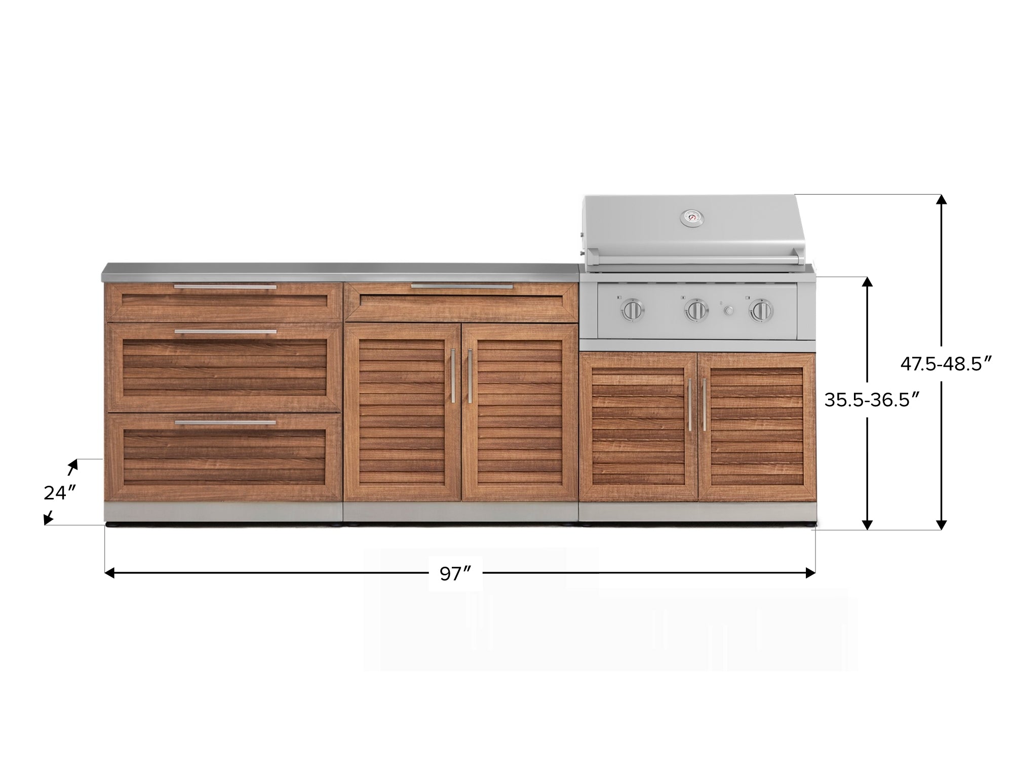 Outdoor Kitchen Stainless-Steel Louvered Doors 5 Piece Cabinet Set with 3-Drawer, Bar, Grill Cabinet, Performance Grill and Countertop