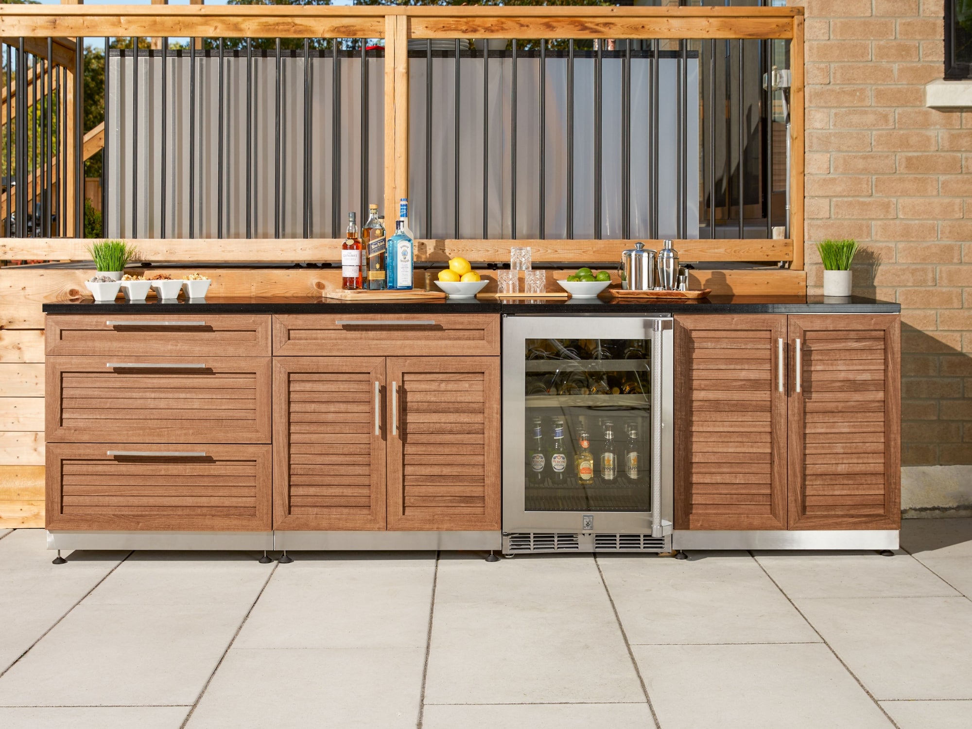 Outdoor Kitchen Stainless-Steel Louvered Doors 5 Piece Cabinet Set with 3-Drawer, Bar, Grill Cabinet, Performance Grill and Countertop
