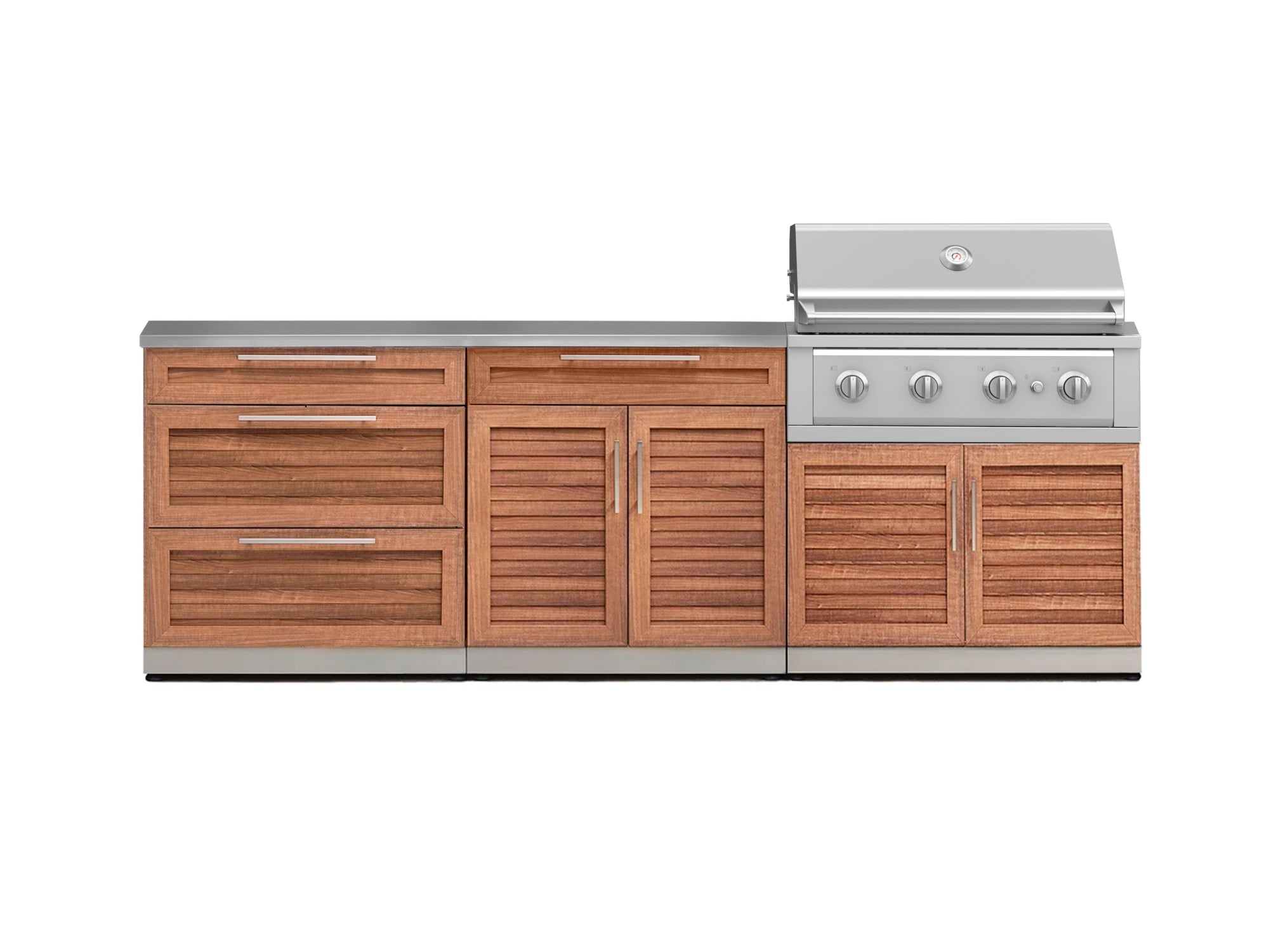 Outdoor Kitchen Stainless-Steel Louvered Doors 5 Piece Cabinet Set with 3-Drawer, Bar, Grill Cabinet, Performance Grill and Countertop