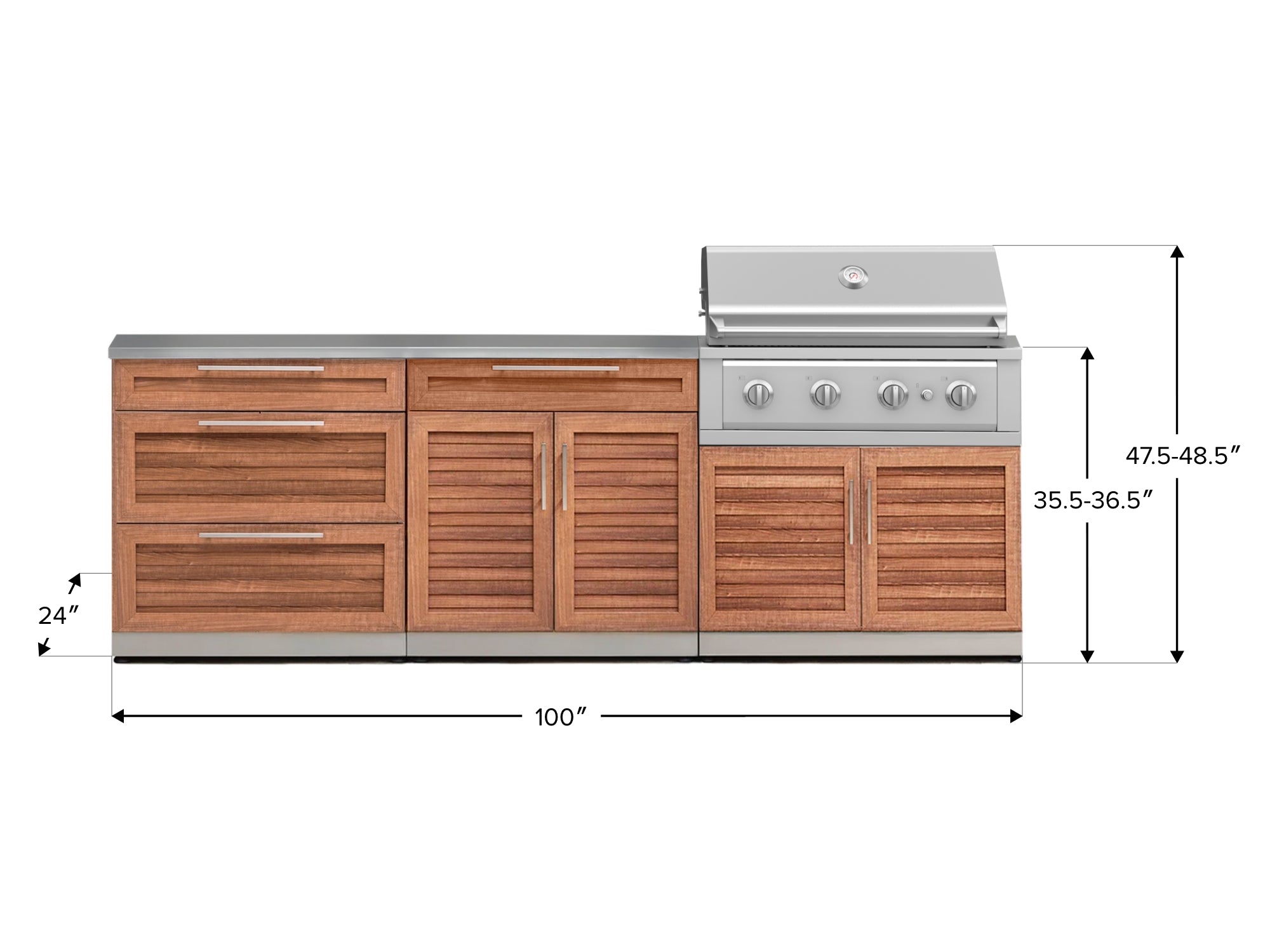 Outdoor Kitchen Stainless-Steel Louvered Doors 5 Piece Cabinet Set with 3-Drawer, Bar, Grill Cabinet, Performance Grill and Countertop