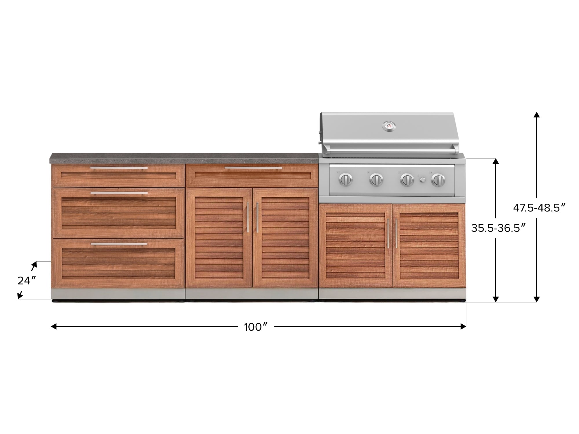 Outdoor Kitchen Stainless-Steel Louvered Doors 5 Piece Cabinet Set with 3-Drawer, Bar, Grill Cabinet, Performance Grill and Countertop