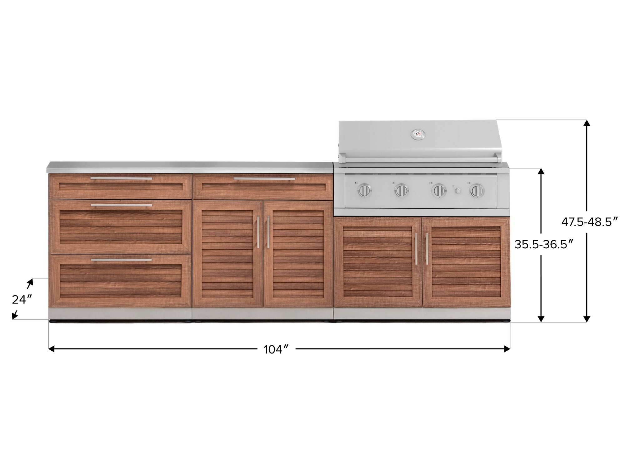 Outdoor Kitchen Stainless-Steel Louvered Doors 5 Piece Cabinet Set with 3-Drawer, Bar, Grill Cabinet, Performance Grill and Countertop