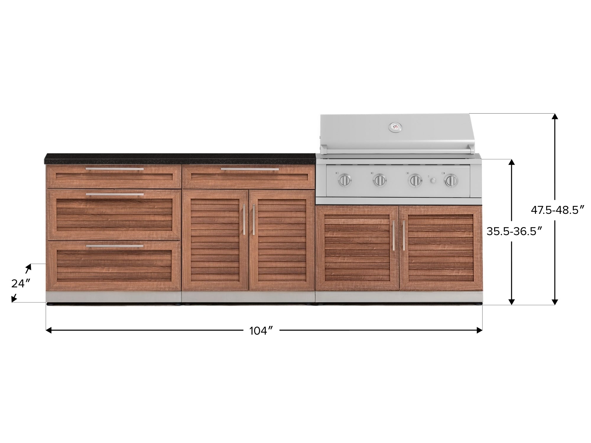 Outdoor Kitchen Stainless-Steel Louvered Doors 5 Piece Cabinet Set with 3-Drawer, Bar, Grill Cabinet, Performance Grill and Countertop