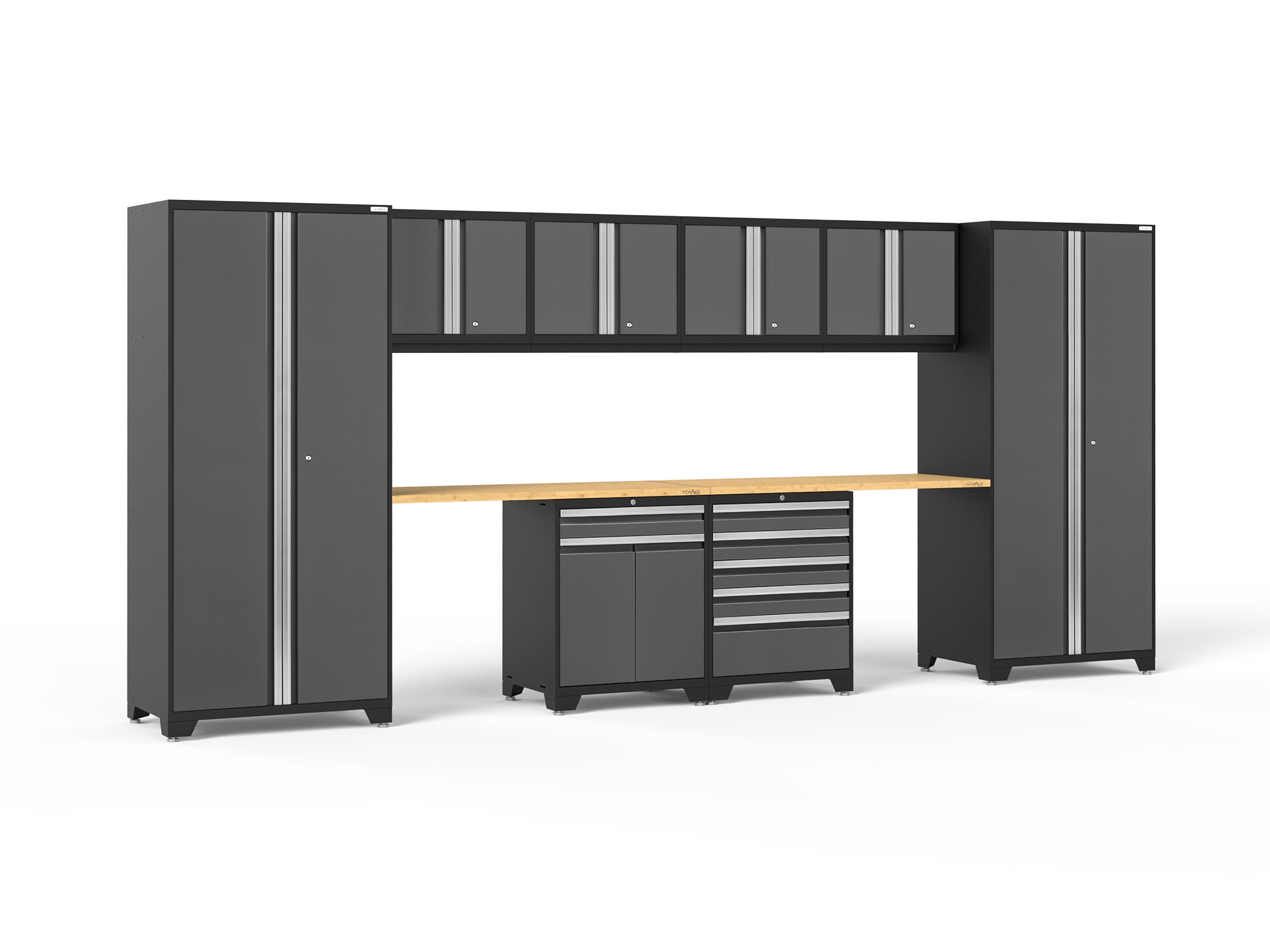 Pro Series Gray 10 Piece Cabinet Set with Wall, Tool Drawer, Multi-Function Cabinet, Lockers and 112 in. Worktop