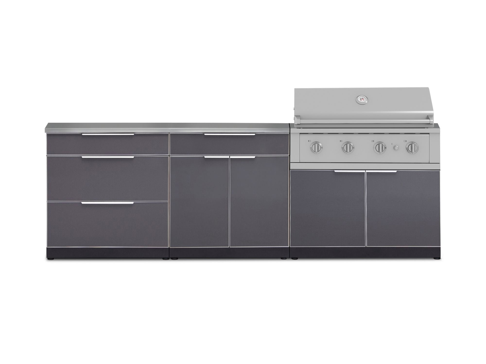Outdoor Kitchen Aluminum 5 Piece Cabinet Set With 3 Drawer, Bar, Grill Cabinet, Performance Grill and Countertop