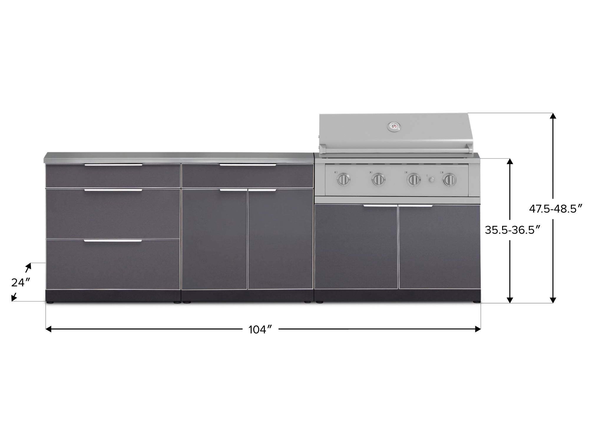 Outdoor Kitchen Aluminum 5 Piece Cabinet Set With 3 Drawer, Bar, Grill Cabinet, Performance Grill and Countertop