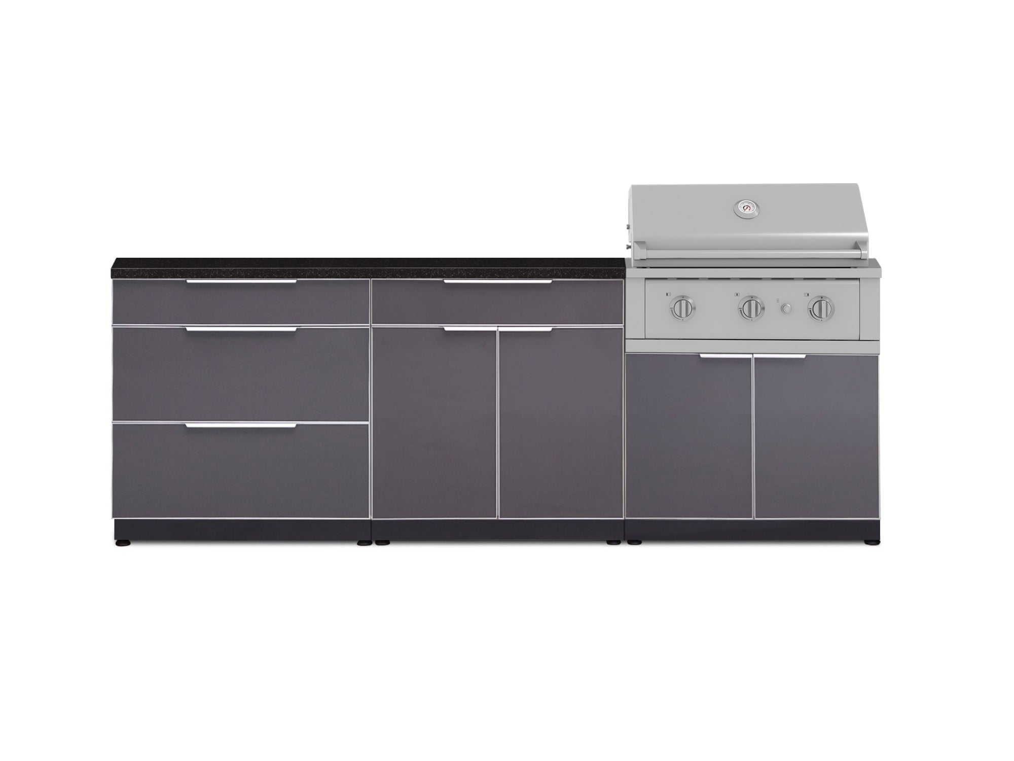 Outdoor Kitchen Aluminum 5 Piece Cabinet Set With 3 Drawer, Bar, Grill Cabinet, Performance Grill and Countertop