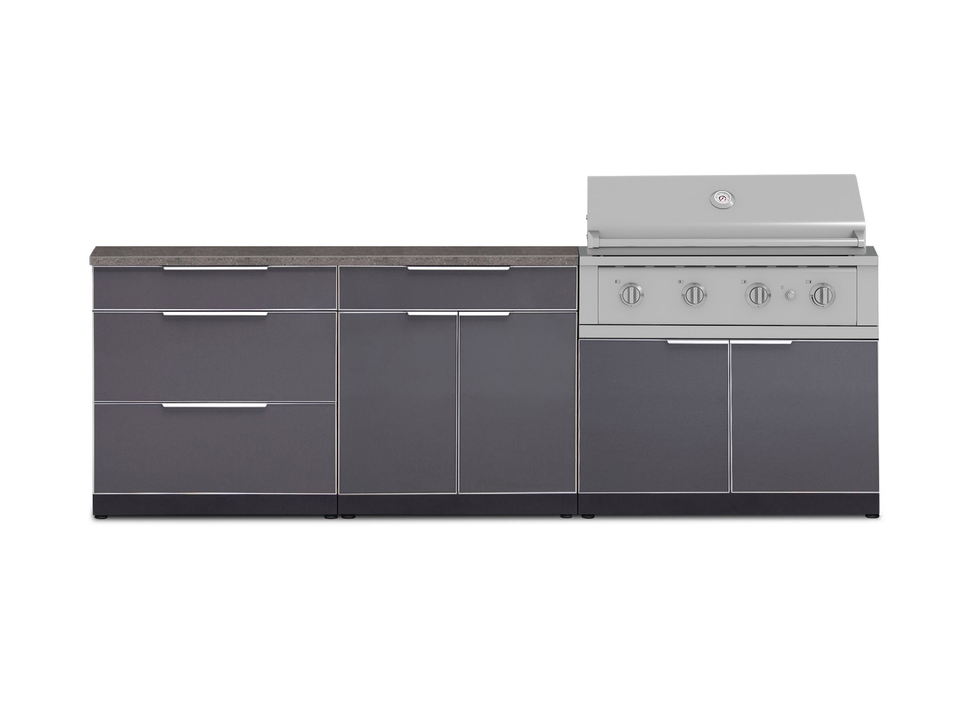Outdoor Kitchen Aluminum 5 Piece Cabinet Set With 3 Drawer, Bar, Grill Cabinet, Performance Grill and Countertop