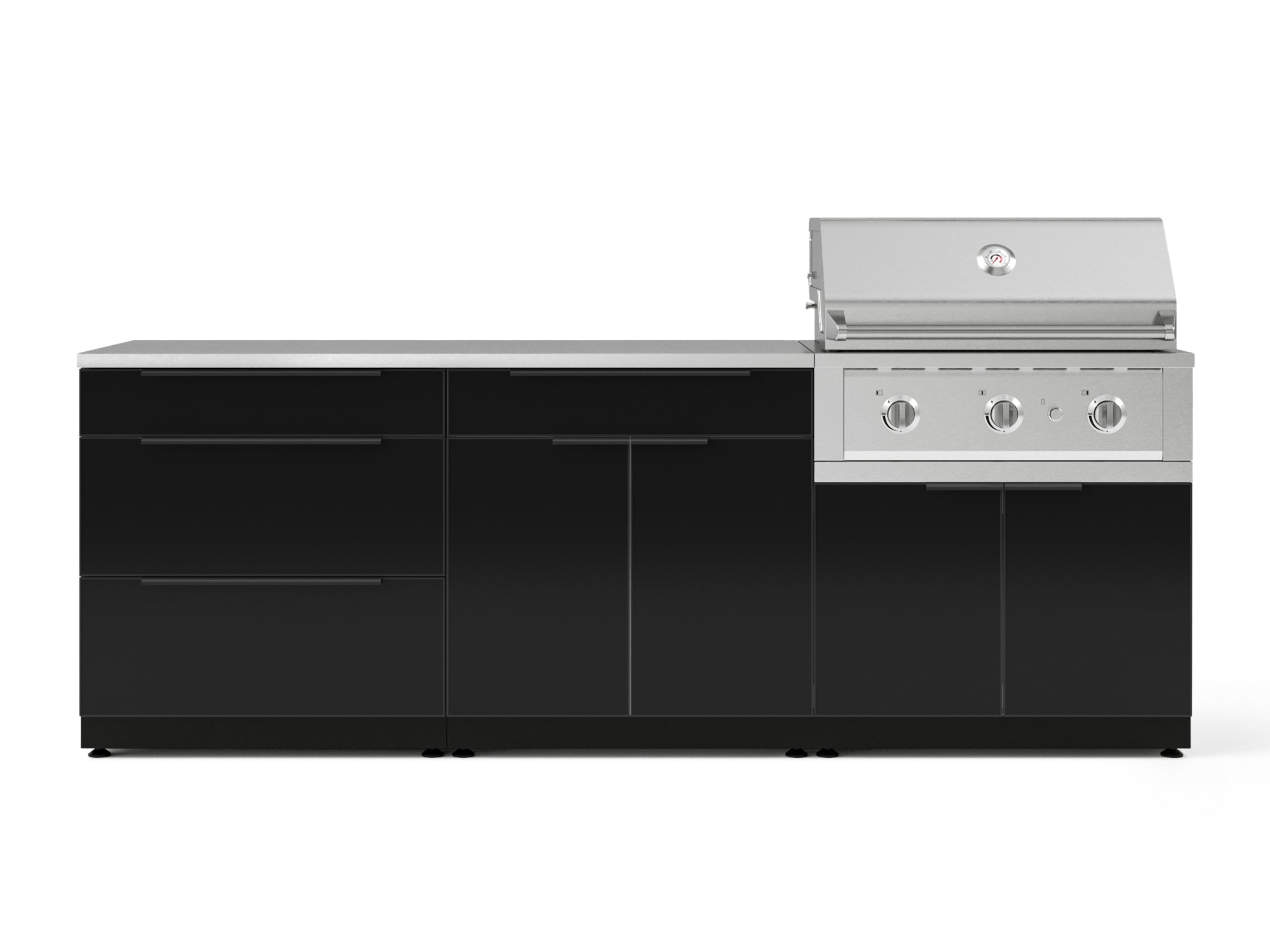 Outdoor Kitchen Aluminum 5 Piece Cabinet Set With 3 Drawer, Bar, Grill Cabinet, Performance Grill and Countertop