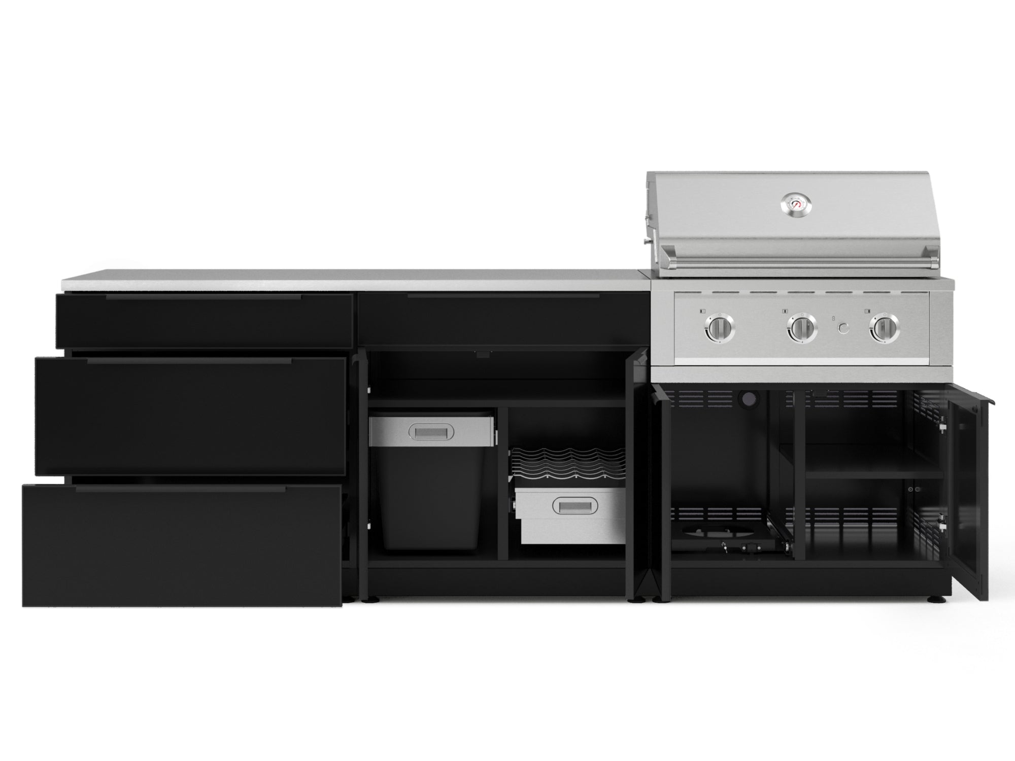 Outdoor Kitchen Aluminum 5 Piece Cabinet Set With 3 Drawer, Bar, Grill Cabinet, Performance Grill and Countertop