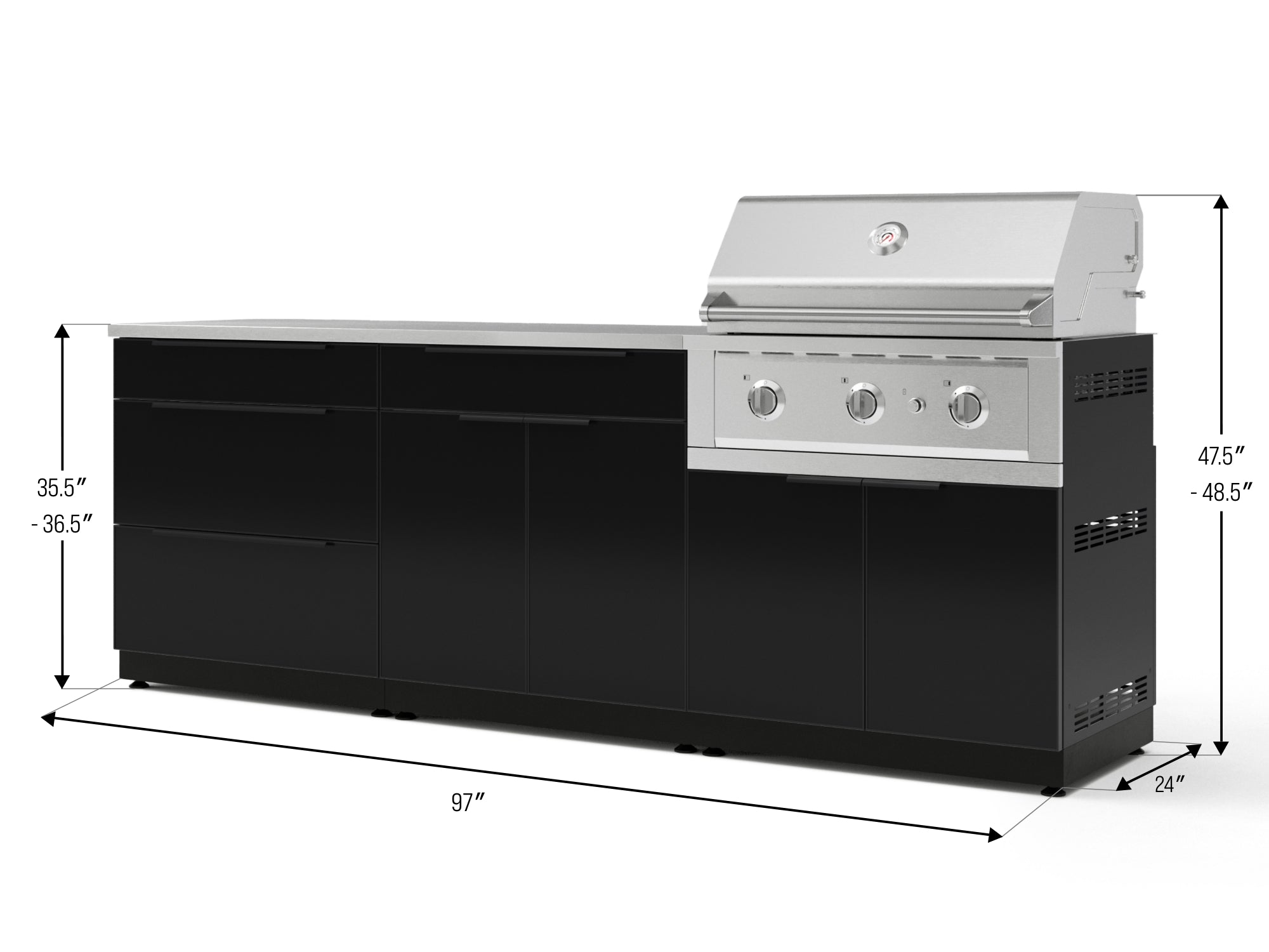 Outdoor Kitchen Aluminum 5 Piece Cabinet Set With 3 Drawer, Bar, Grill Cabinet, Performance Grill and Countertop