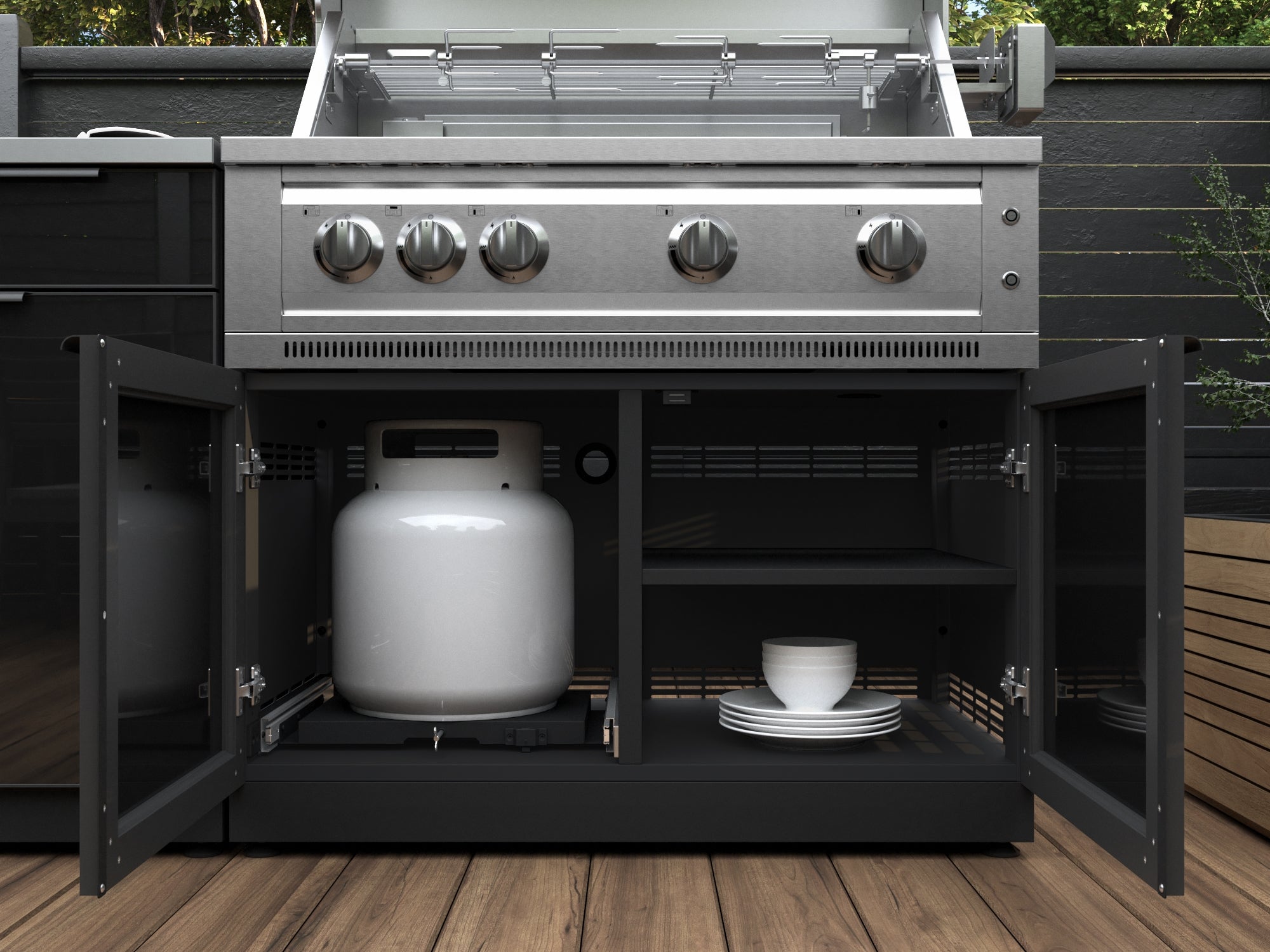 Outdoor Kitchen Aluminum 5 Piece Cabinet Set With 3 Drawer, Bar, Grill Cabinet, Performance Grill and Countertop