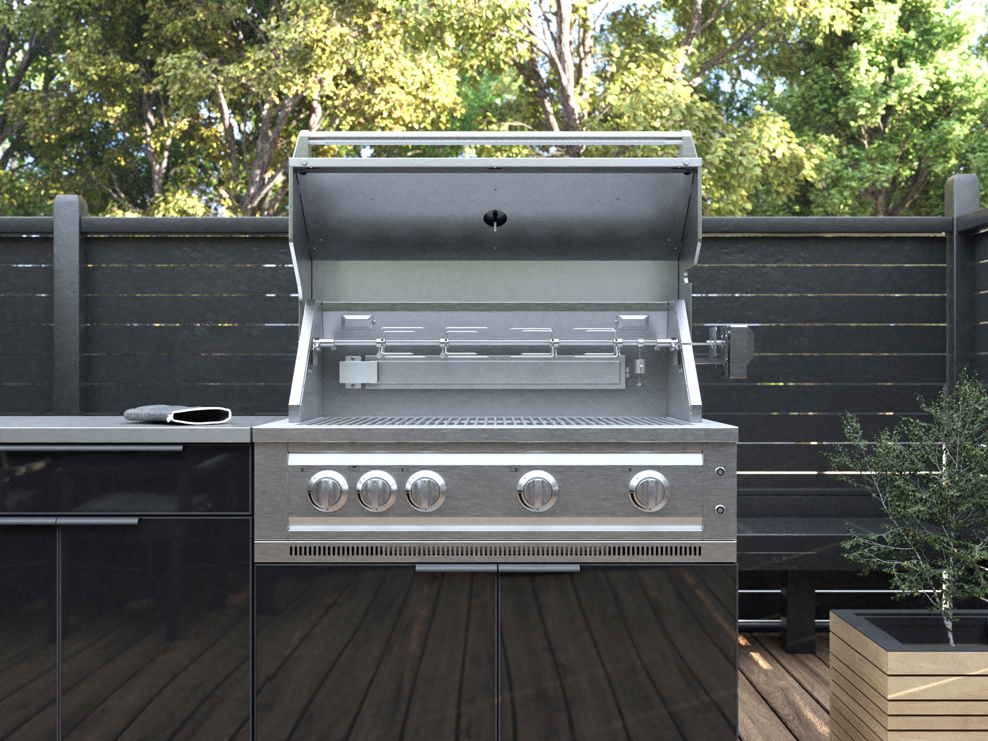 Outdoor Kitchen Aluminum 5 Piece Cabinet Set With 3 Drawer, Bar, Grill Cabinet, Performance Grill and Countertop
