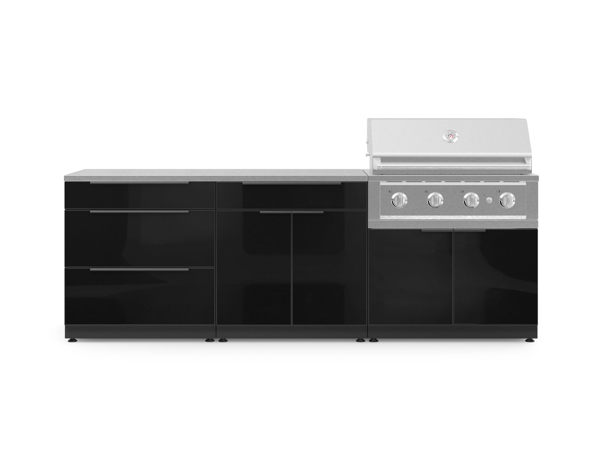 Outdoor Kitchen Aluminum 5 Piece Cabinet Set With 3 Drawer, Bar, Grill Cabinet, Performance Grill and Countertop