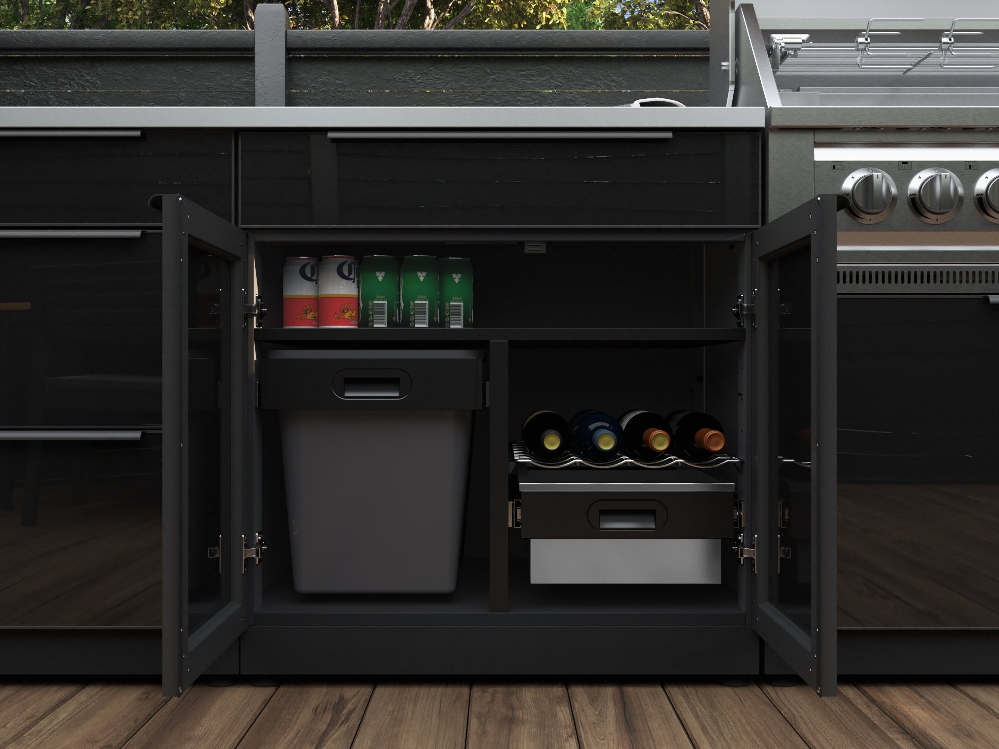 Outdoor Kitchen Aluminum 5 Piece Cabinet Set With 3 Drawer, Bar, Grill Cabinet, Performance Grill and Countertop