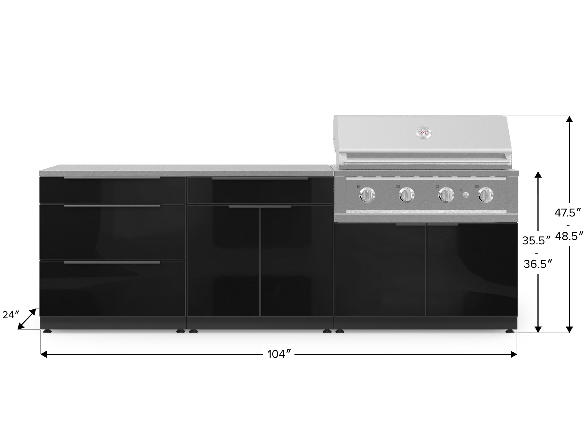 Outdoor Kitchen Aluminum 5 Piece Cabinet Set With 3 Drawer, Bar, Grill Cabinet, Performance Grill and Countertop