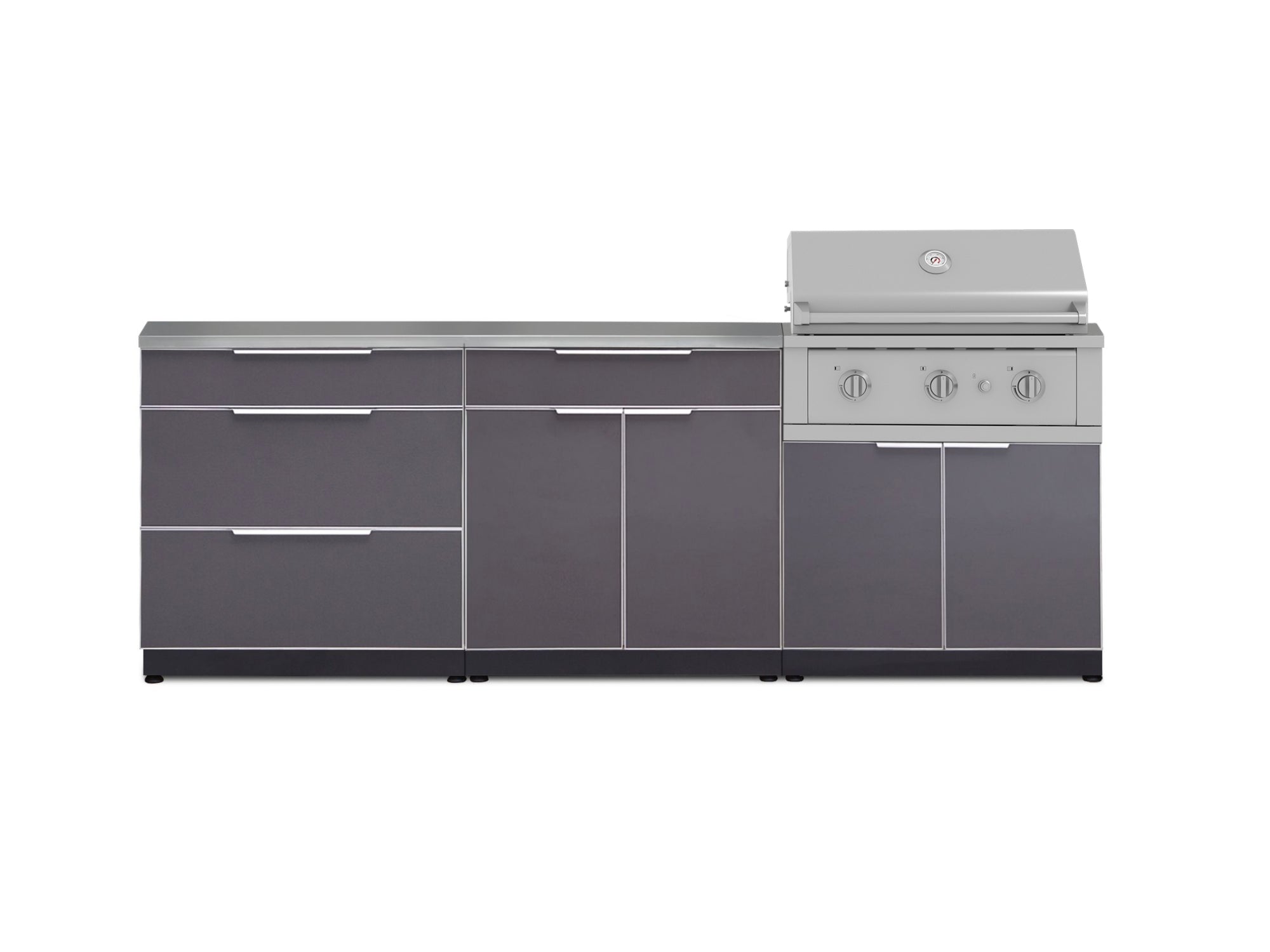 Outdoor Kitchen Aluminum 5 Piece Cabinet Set With 3 Drawer, Bar, Grill Cabinet, Performance Grill and Countertop
