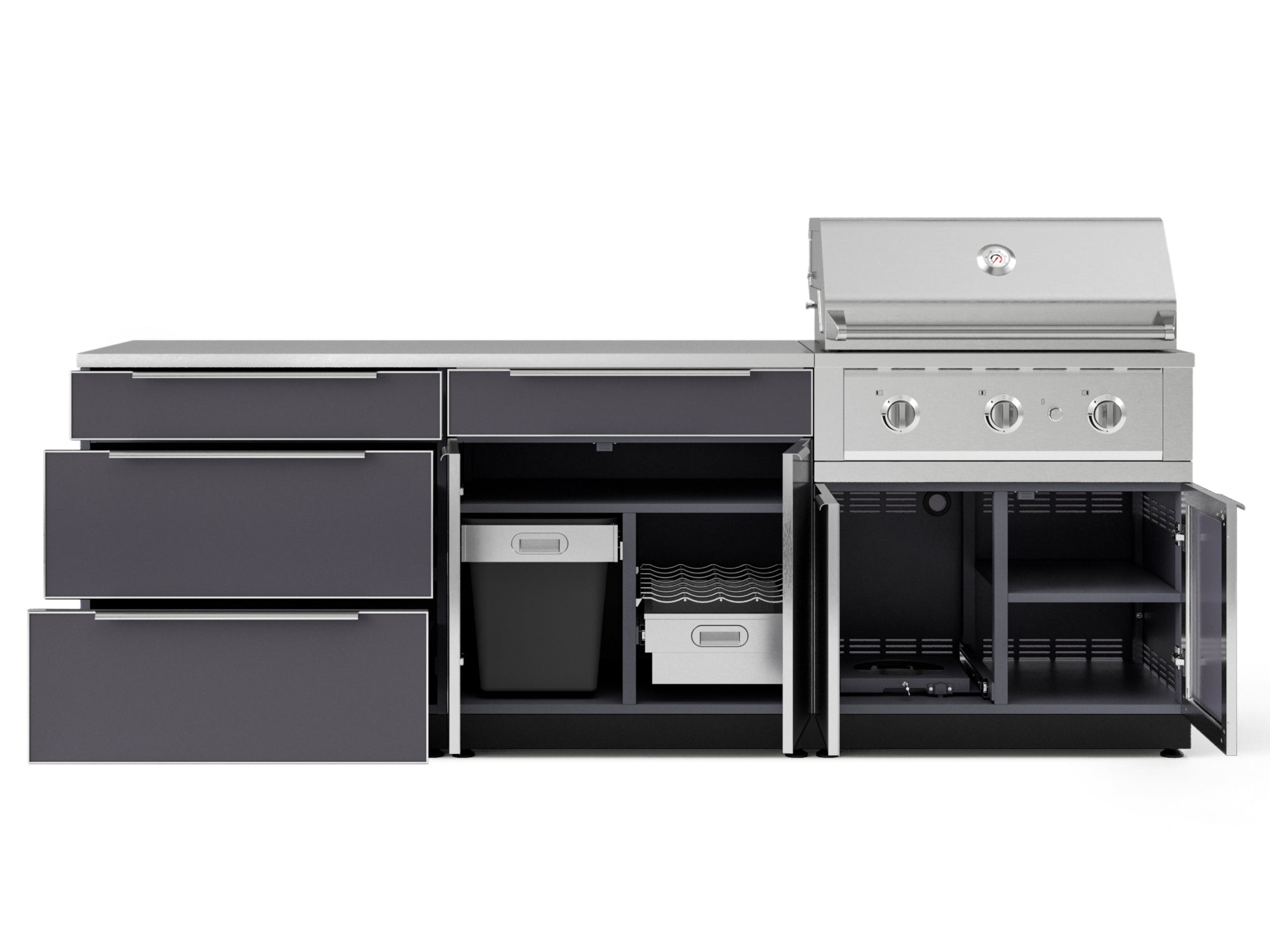 Outdoor Kitchen Aluminum 5 Piece Cabinet Set With 3 Drawer, Bar, Grill Cabinet, Performance Grill and Countertop