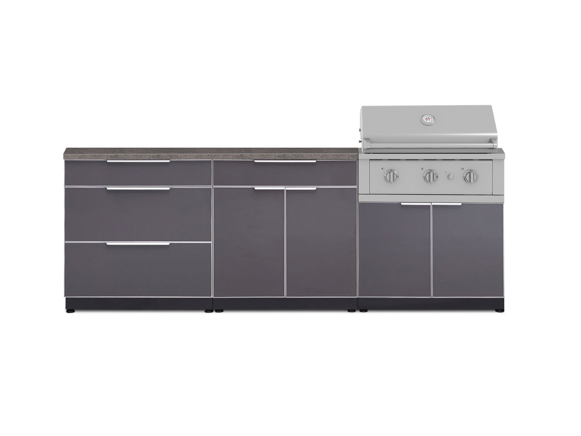 Outdoor Kitchen Aluminum 5 Piece Cabinet Set With 3 Drawer, Bar, Grill Cabinet, Performance Grill and Countertop