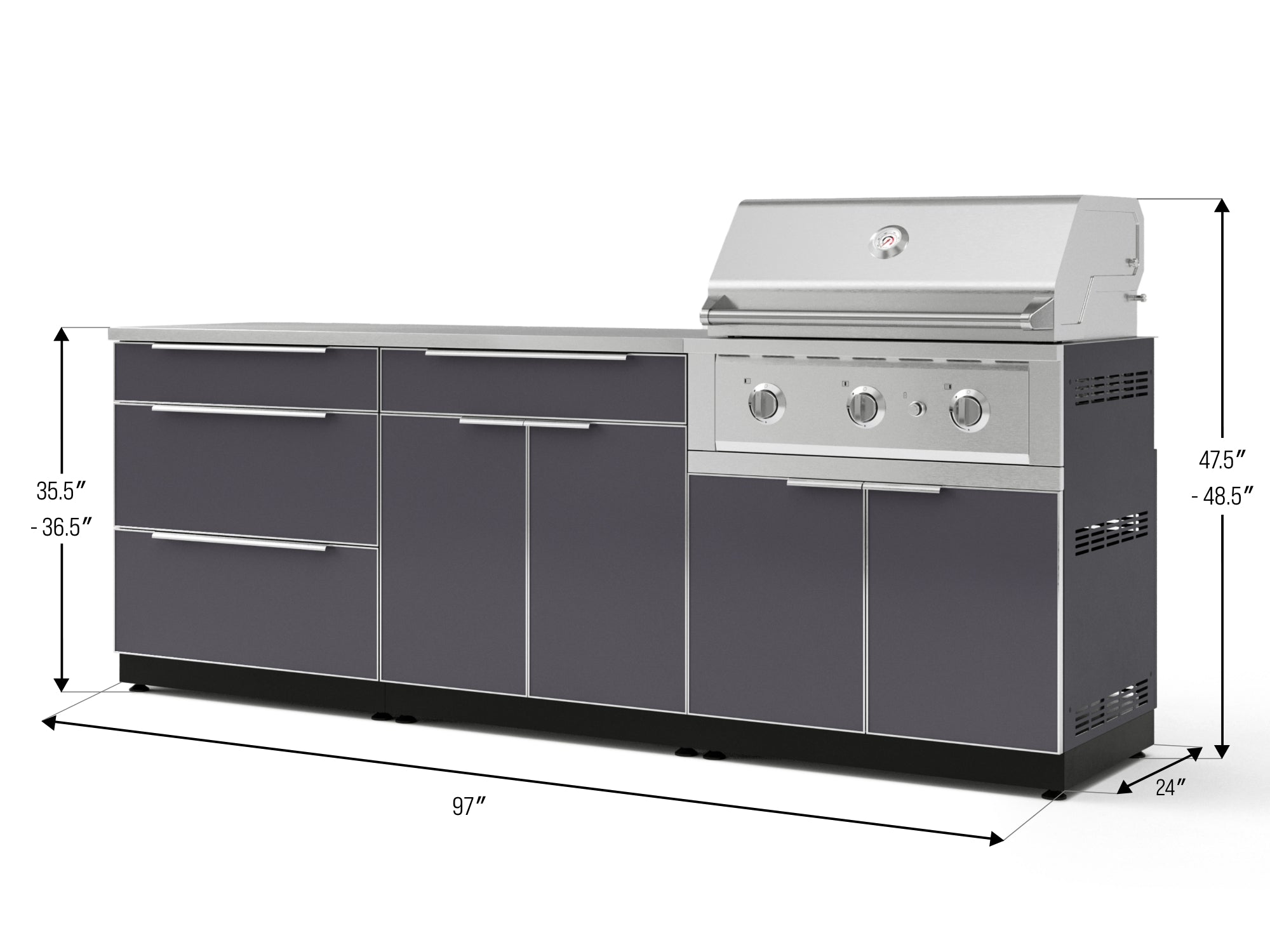 Outdoor Kitchen Aluminum 5 Piece Cabinet Set With 3 Drawer, Bar, Grill Cabinet, Performance Grill and Countertop