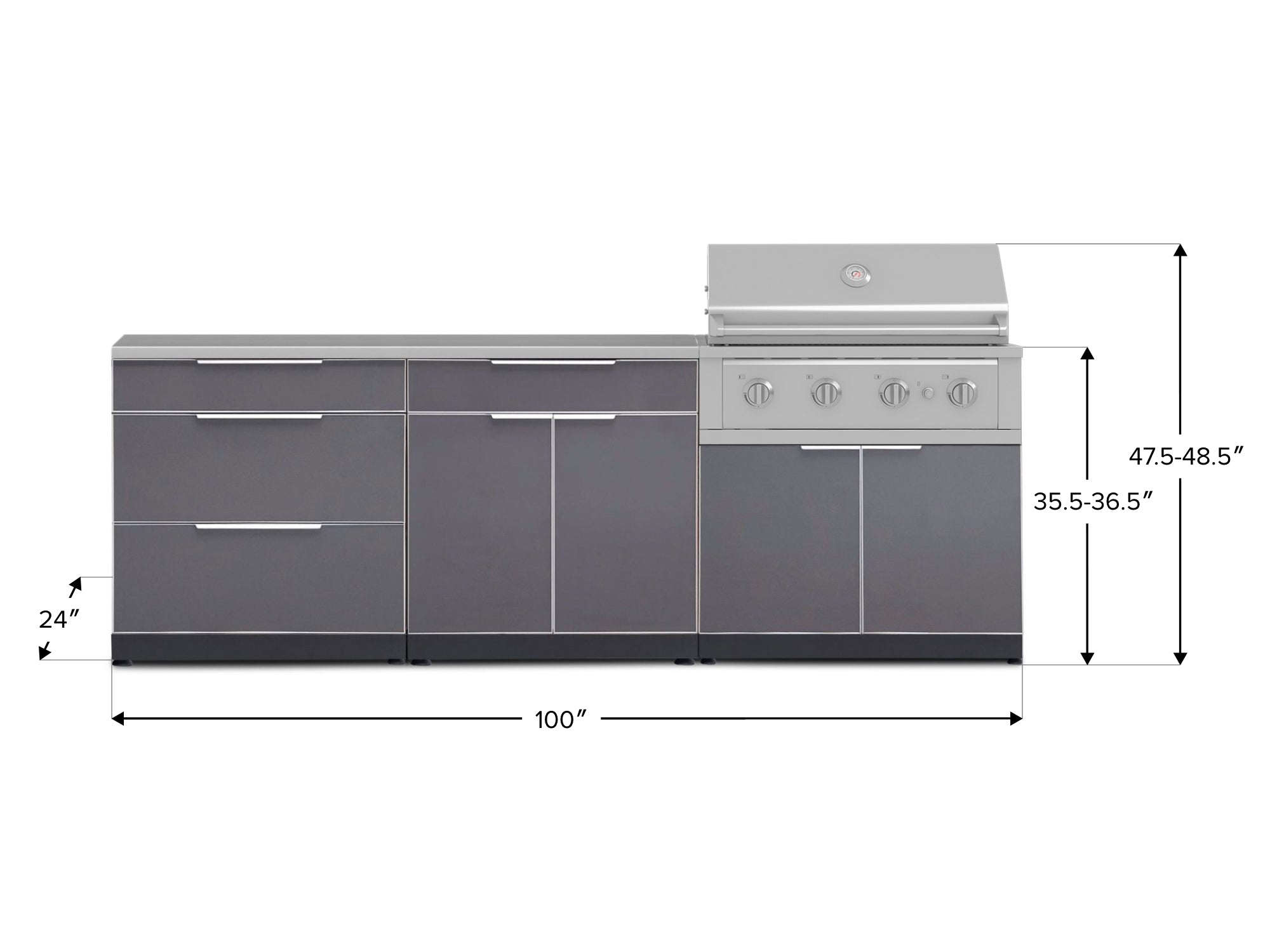 Outdoor Kitchen Aluminum 5 Piece Cabinet Set With 3 Drawer, Bar, Grill Cabinet, Performance Grill and Countertop