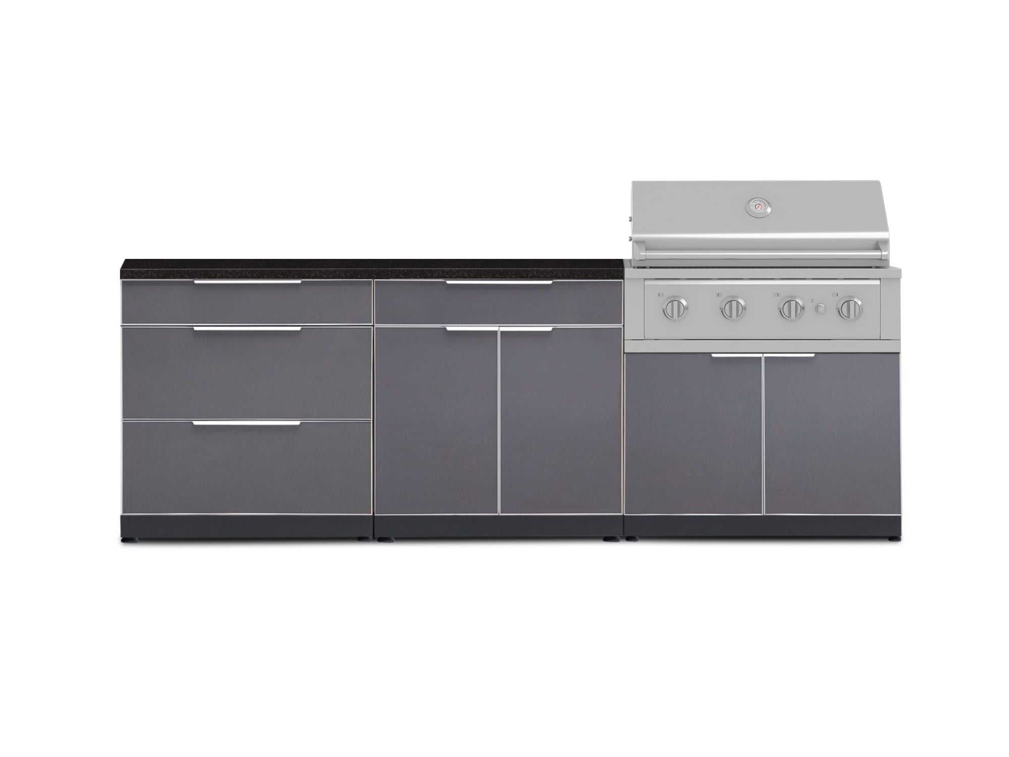 Outdoor Kitchen Aluminum 5 Piece Cabinet Set With 3 Drawer, Bar, Grill Cabinet, Performance Grill and Countertop