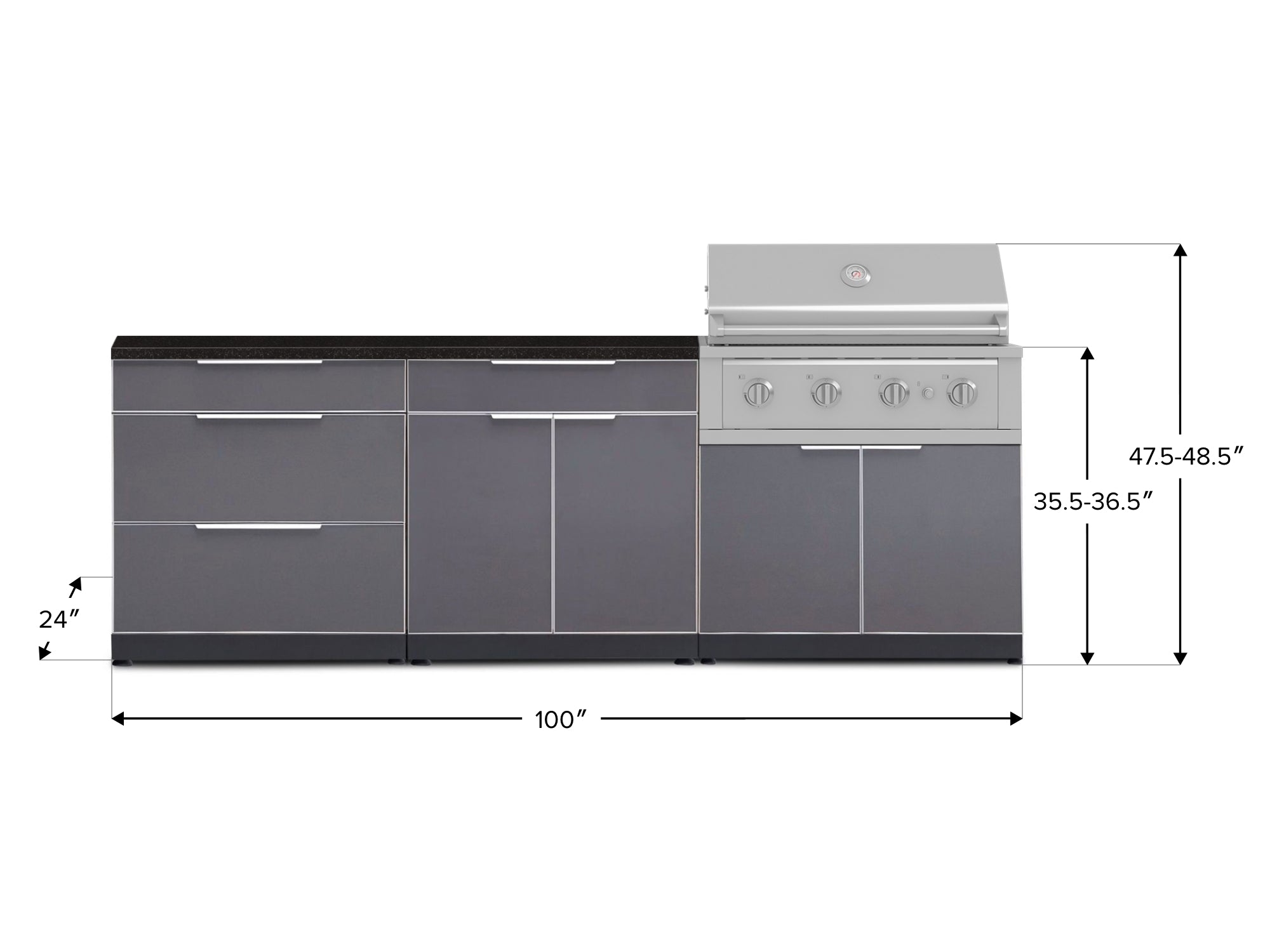 Outdoor Kitchen Aluminum 5 Piece Cabinet Set With 3 Drawer, Bar, Grill Cabinet, Performance Grill and Countertop