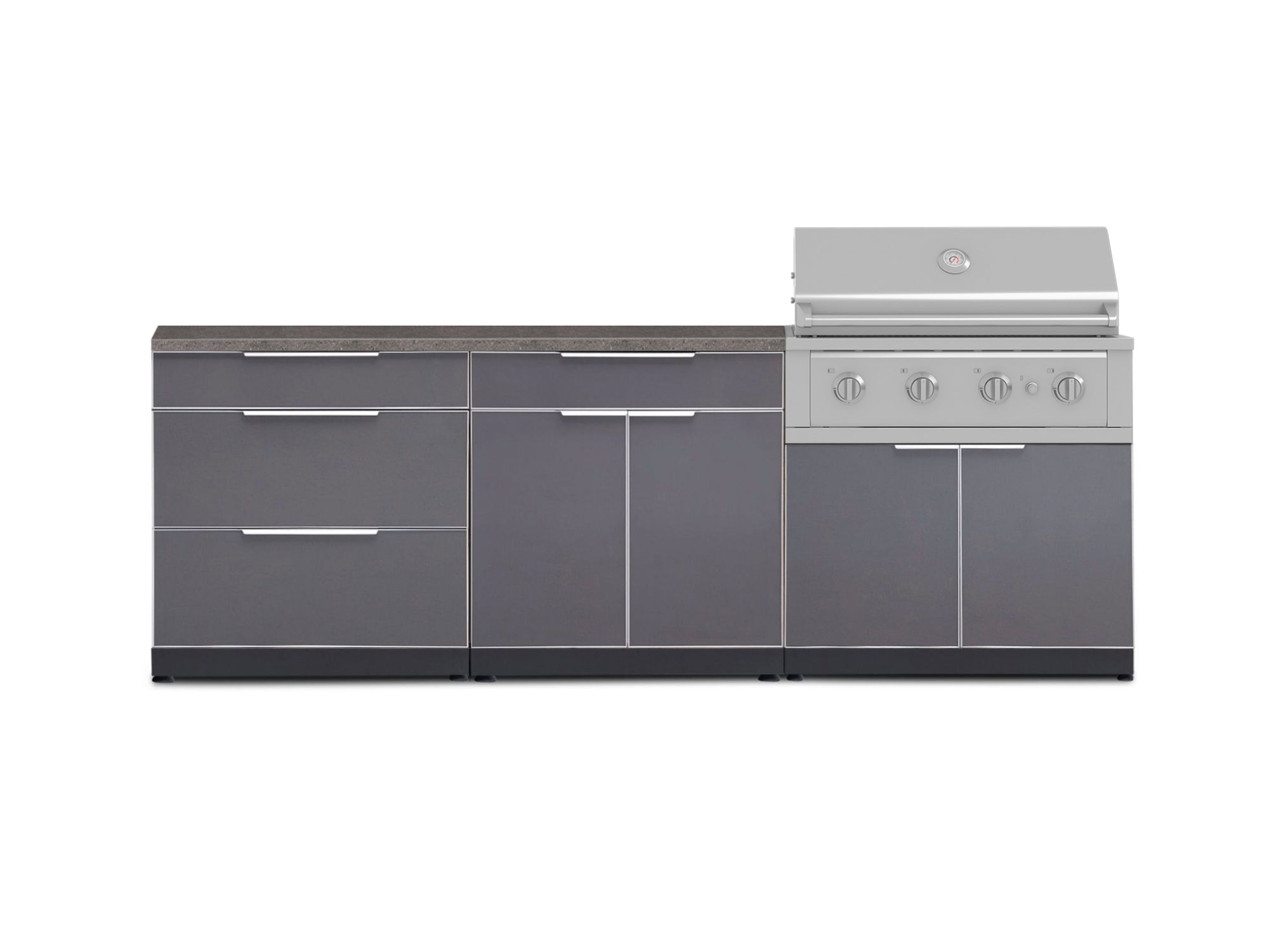 Outdoor Kitchen Aluminum 5 Piece Cabinet Set With 3 Drawer, Bar, Grill Cabinet, Performance Grill and Countertop