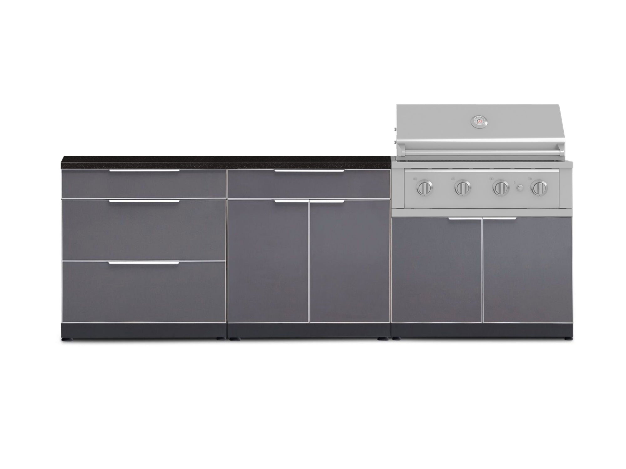 Outdoor Kitchen Aluminum 5 Piece Cabinet Set With 3 Drawer, Bar, Grill Cabinet, Performance Grill and Countertop