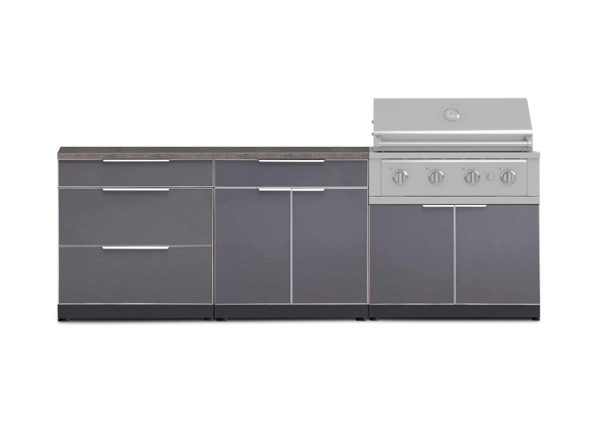 Outdoor Kitchen Aluminum 5 Piece Cabinet Set With 3 Drawer, Bar, Grill Cabinet, Performance Grill and Countertop