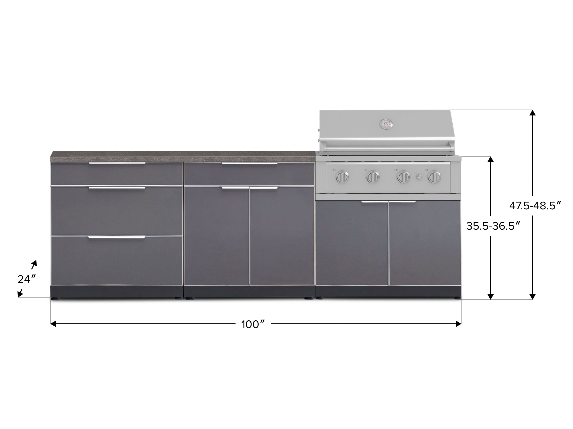 Outdoor Kitchen Aluminum 5 Piece Cabinet Set With 3 Drawer, Bar, Grill Cabinet, Performance Grill and Countertop