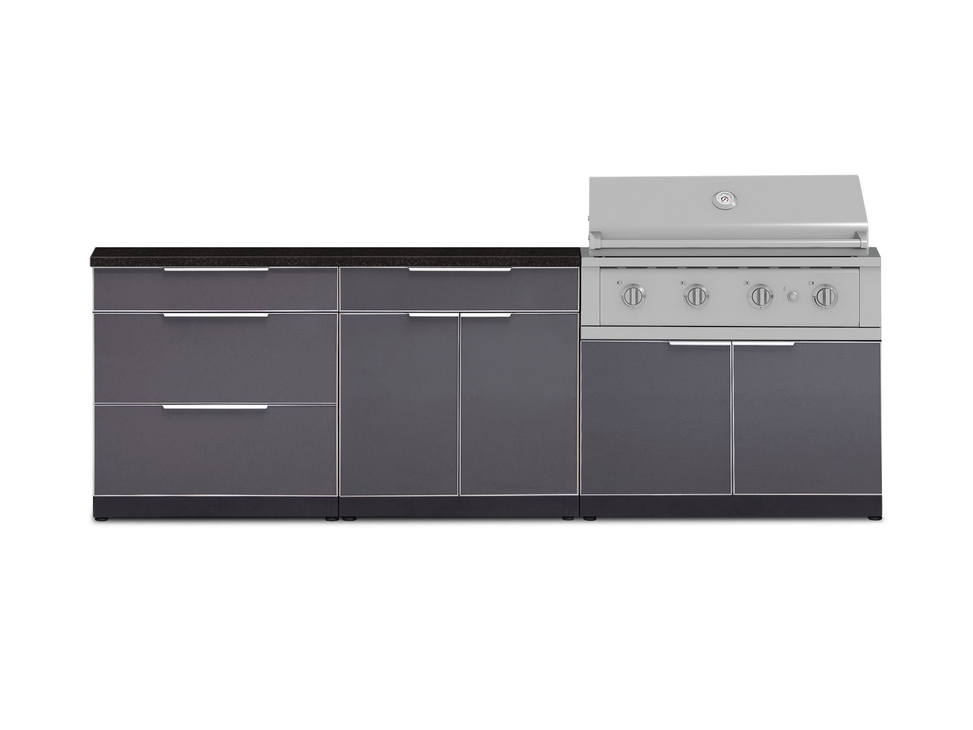 Outdoor Kitchen Aluminum 5 Piece Cabinet Set With 3 Drawer, Bar, Grill Cabinet, Performance Grill and Countertop