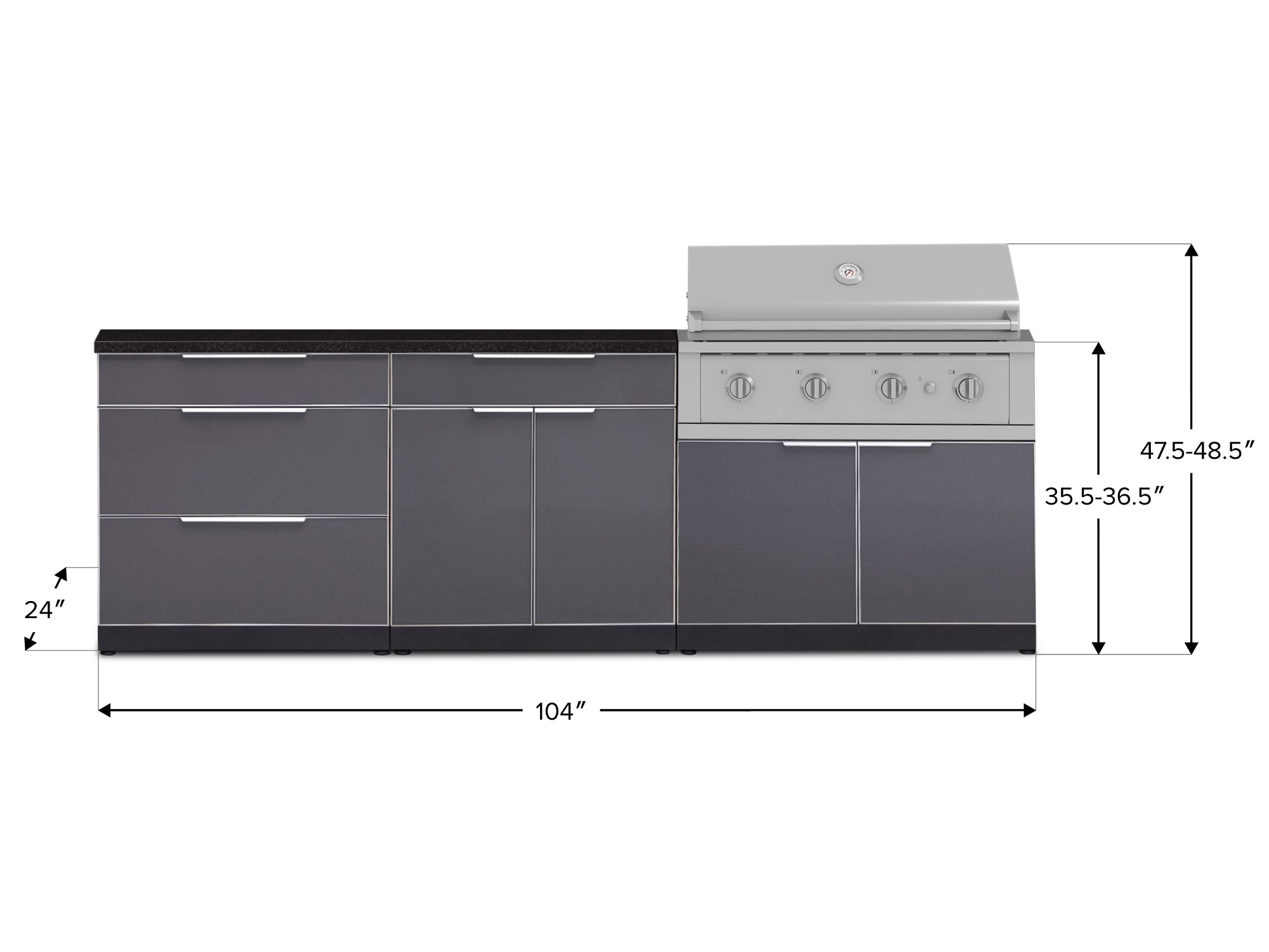 Outdoor Kitchen Aluminum 5 Piece Cabinet Set With 3 Drawer, Bar, Grill Cabinet, Performance Grill and Countertop